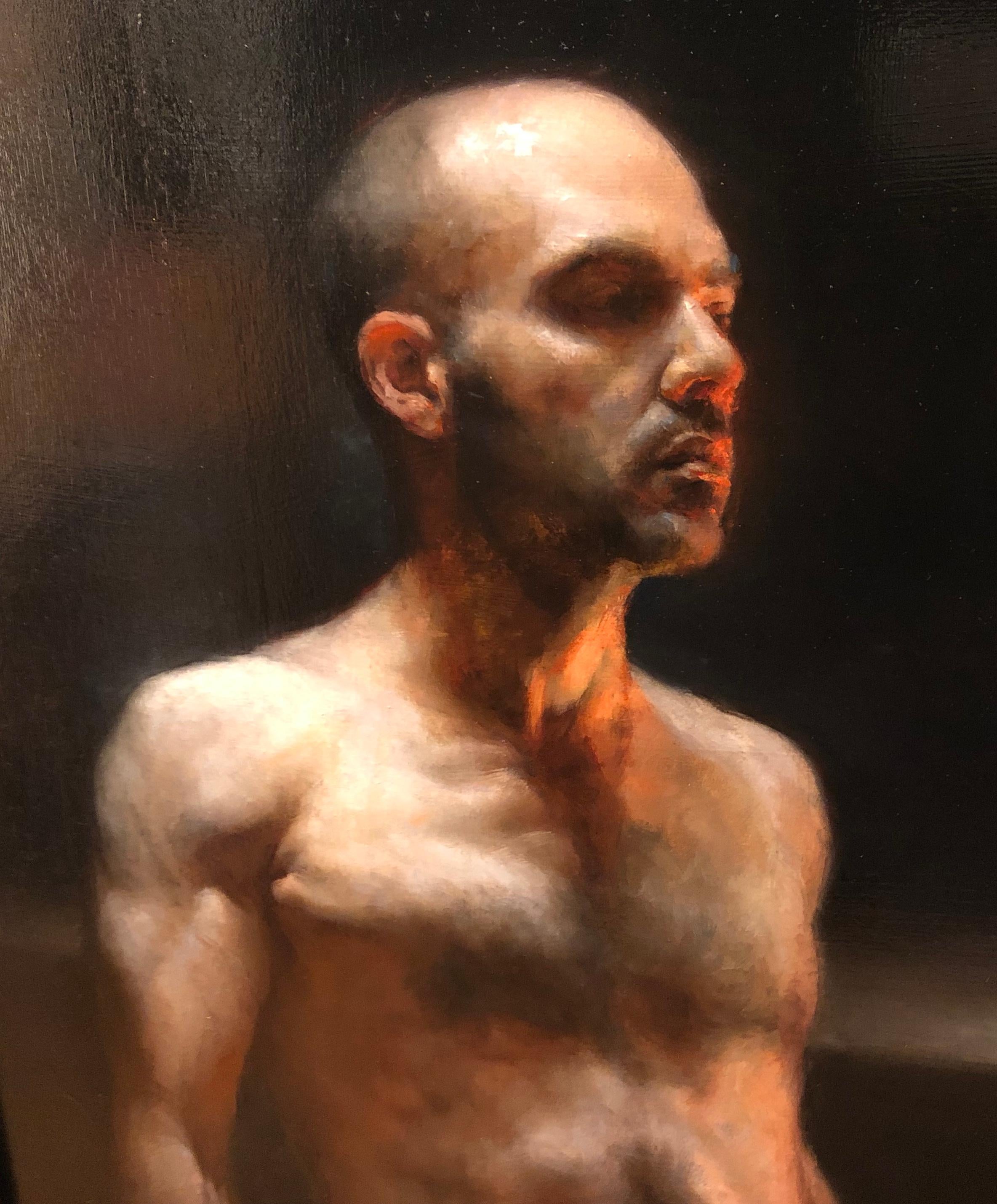 Warmth – männlicher, nackter Torso in warmen Erdtönen, Original-Gemälde auf Tafel (Zeitgenössisch), Painting, von Zack Zdrale