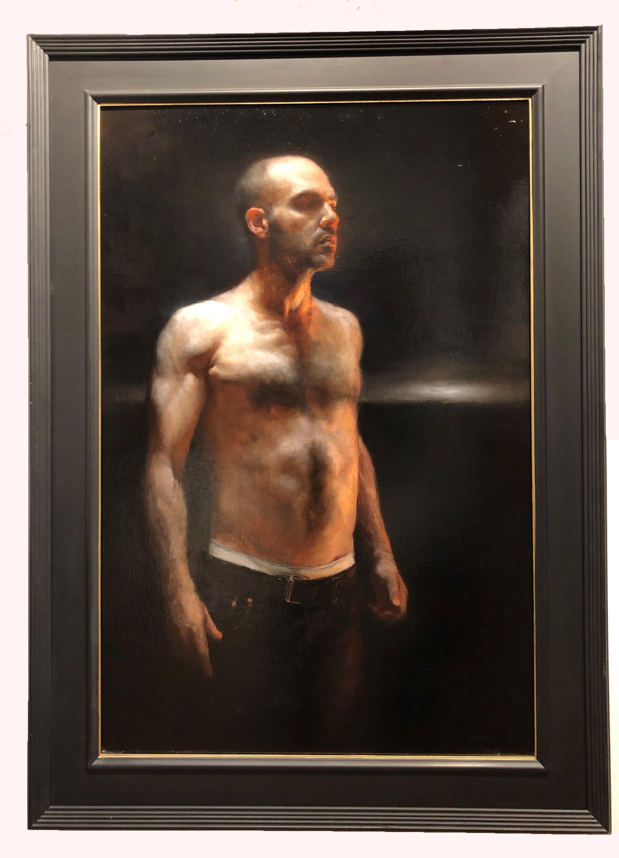 Warmth – männlicher, nackter Torso in warmen Erdtönen, Original-Gemälde auf Tafel – Painting von Zack Zdrale