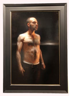 Warmth – männlicher, nackter Torso in warmen Erdtönen, Original-Gemälde auf Tafel