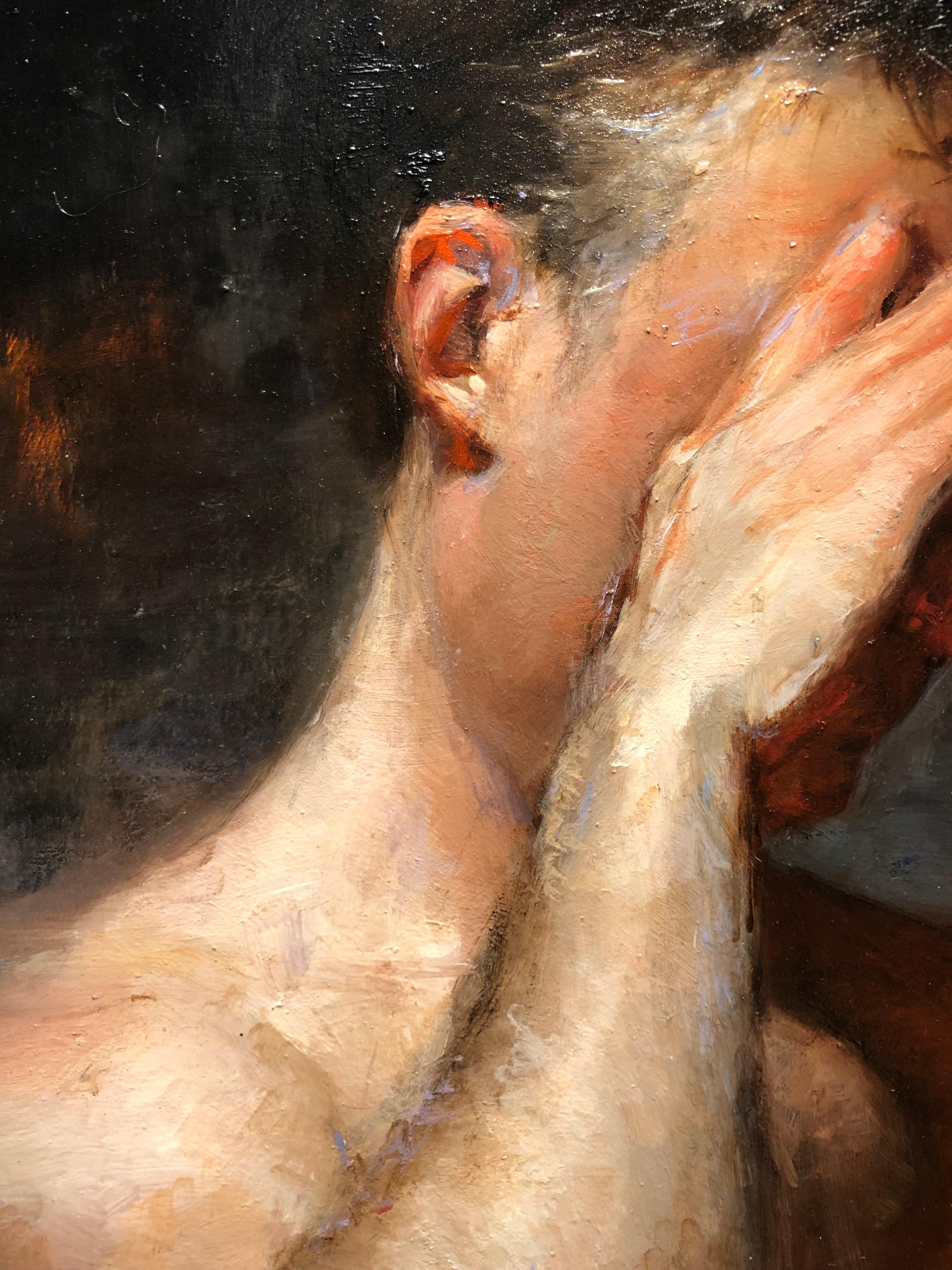 Voyant - Homme, torse nu, peinture à l'huile sur toile avec ligne d'horizon vibrante - Contemporain Painting par Zack Zdrale