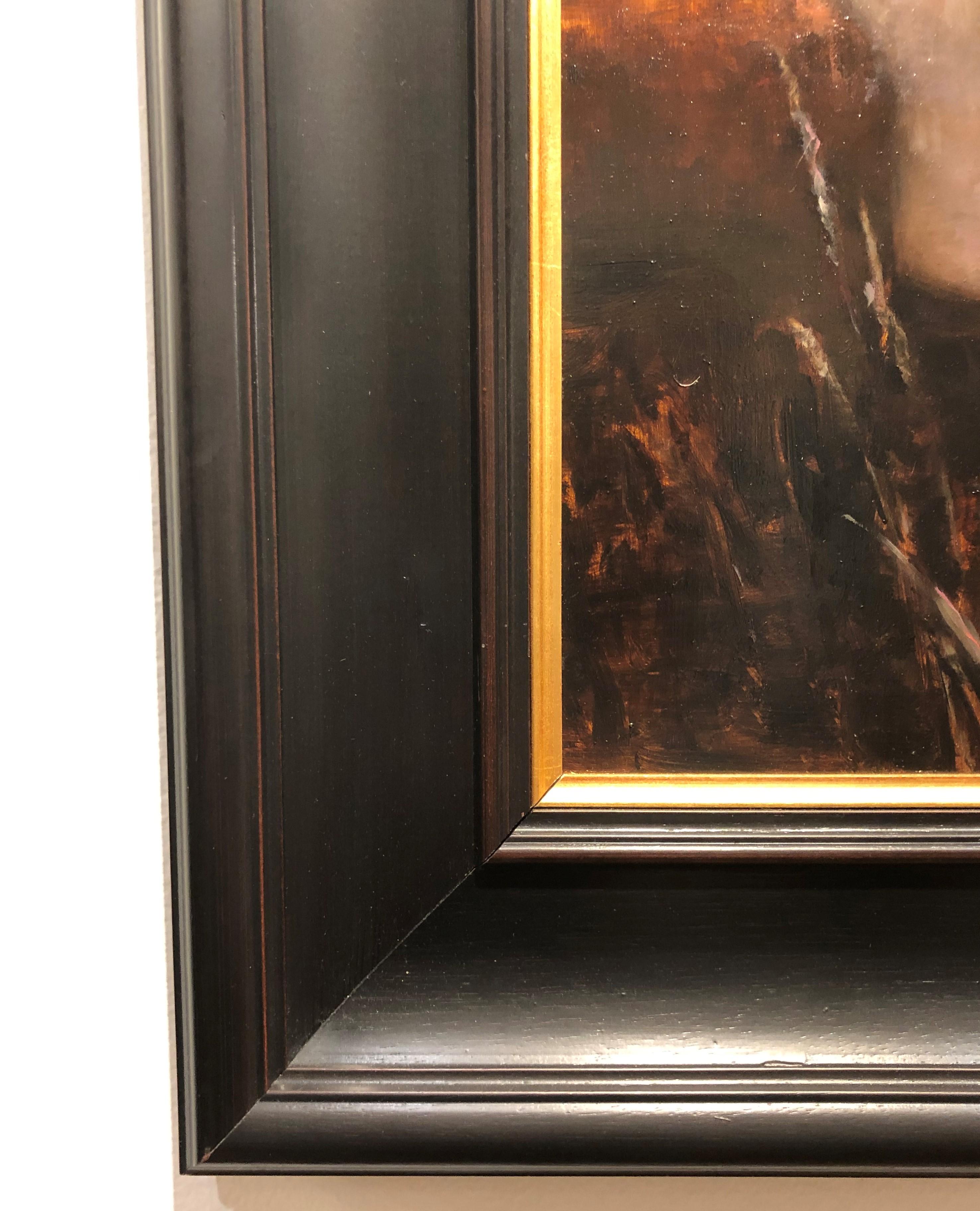 Voyant - Homme, torse nu, peinture à l'huile sur toile avec ligne d'horizon vibrante - Noir Nude Painting par Zack Zdrale