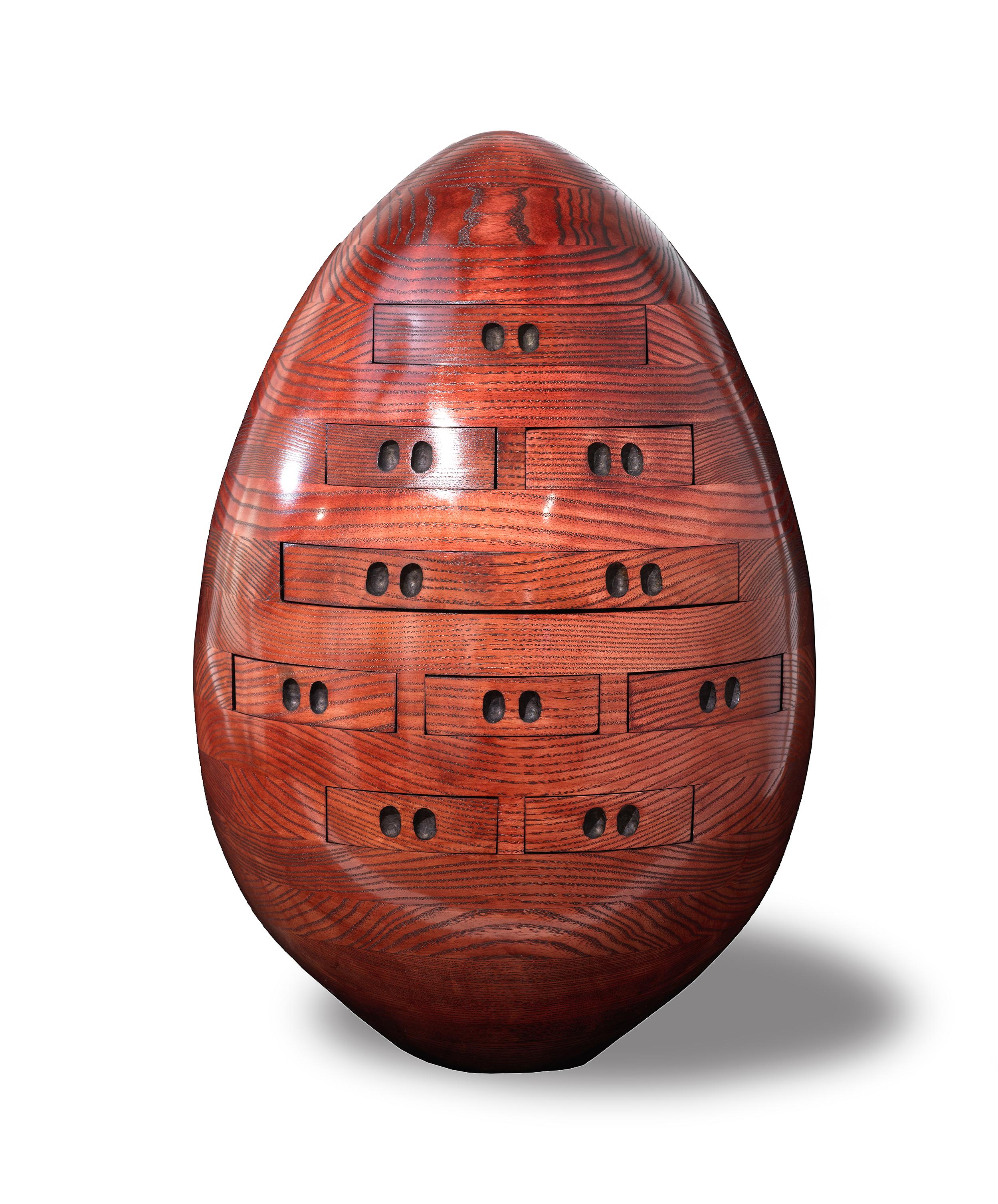 Steve Turner Still-Life Sculpture - Egg in Red - Multi-drawer Chest Sculpture in Hand Carved Wood (Nine Drawers)