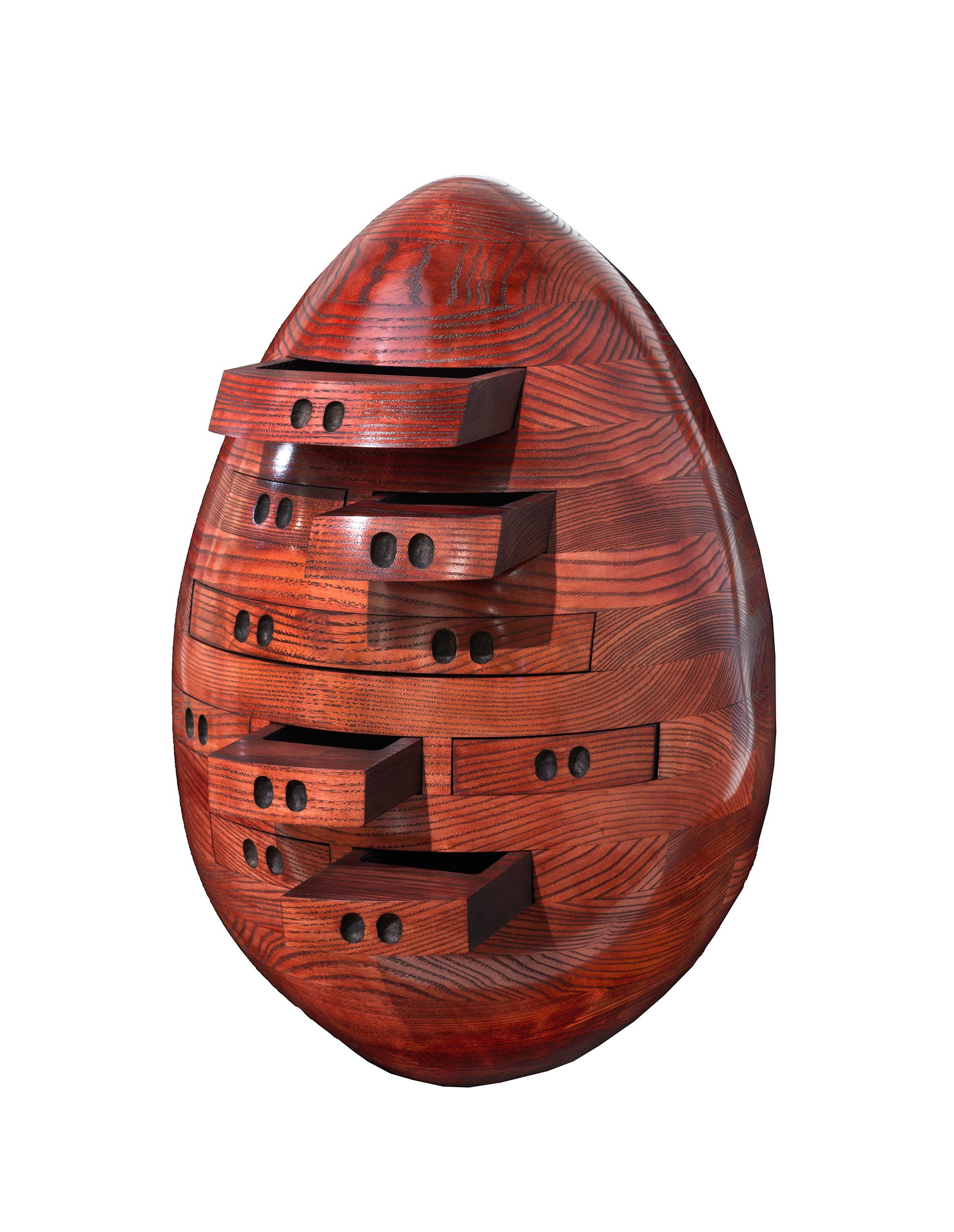 Egg in Red - Multi-drawer Chest Sculpture in Hand Carved Wood (Nine Drawers) - Brown Still-Life Sculpture by Steve Turner