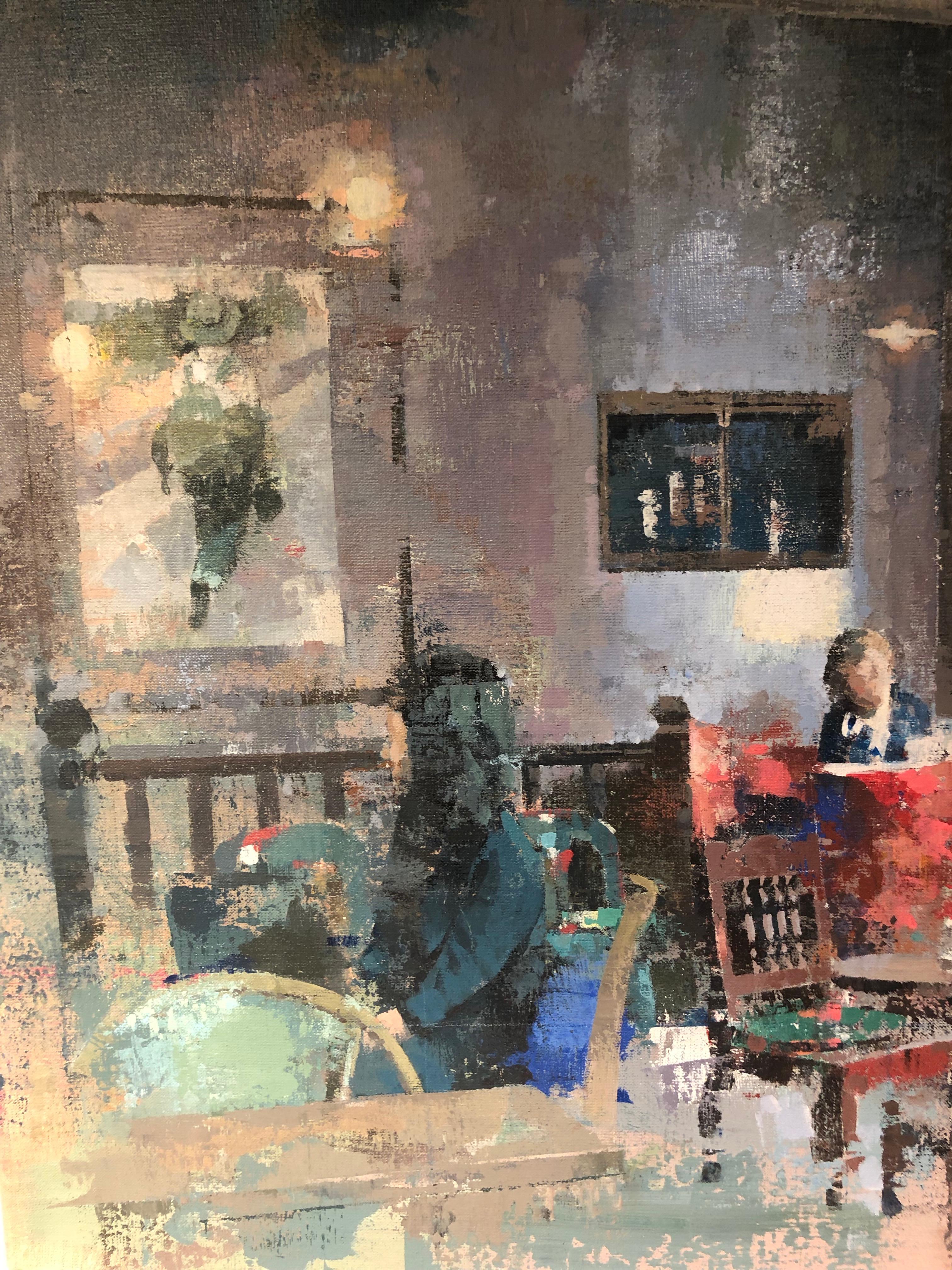 Cong Caphe – Innen-Kaffee-Szene, Öl und Acryl auf Leinwand (Grau), Interior Painting, von Keiko Ogawa