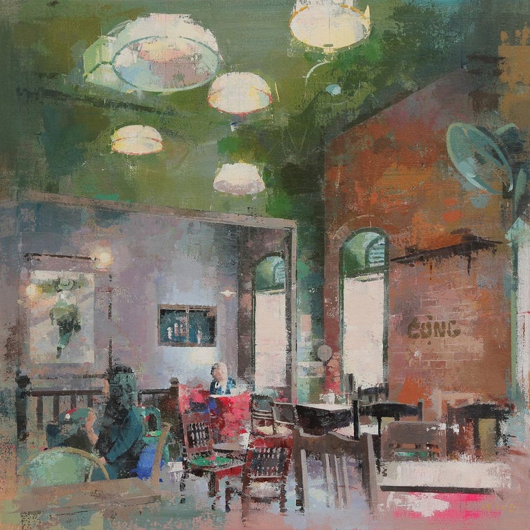 Keiko Ogawa Interior Painting - Cong Caphe - Interior Cafe scene, oil and acrylic on canvas