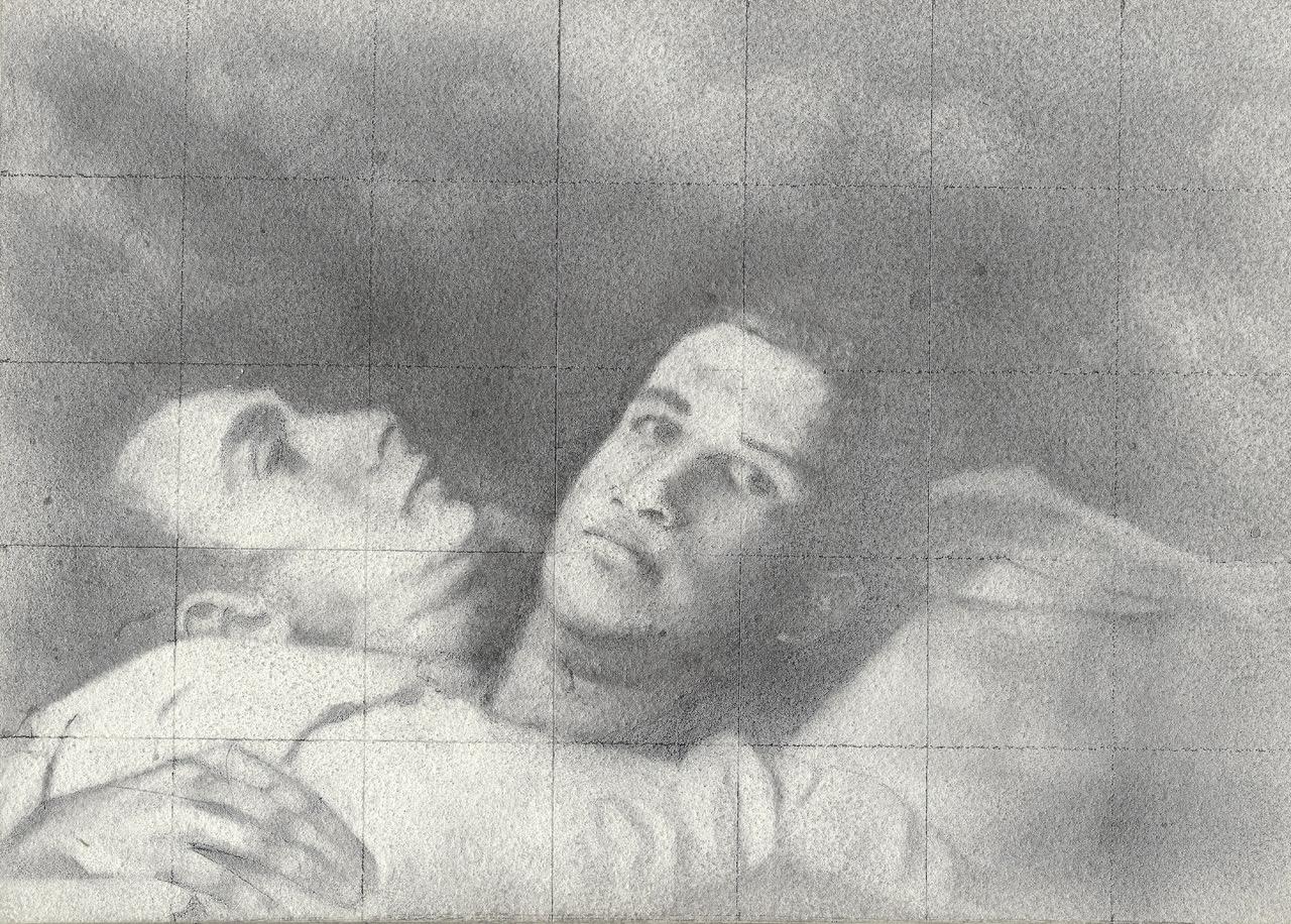 Pause - Graphite Drawing on Panel of Two Male Figures