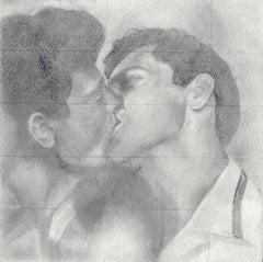 Sanctuary - Male Figures Engaged in a Kiss, Original Graphite on Panel Drawing