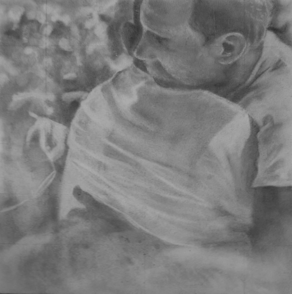 Rick Sindt Figurative Art - Untitled #2 - Two Male Figures Embracing, Small Scale Graphite on Panel Drawing