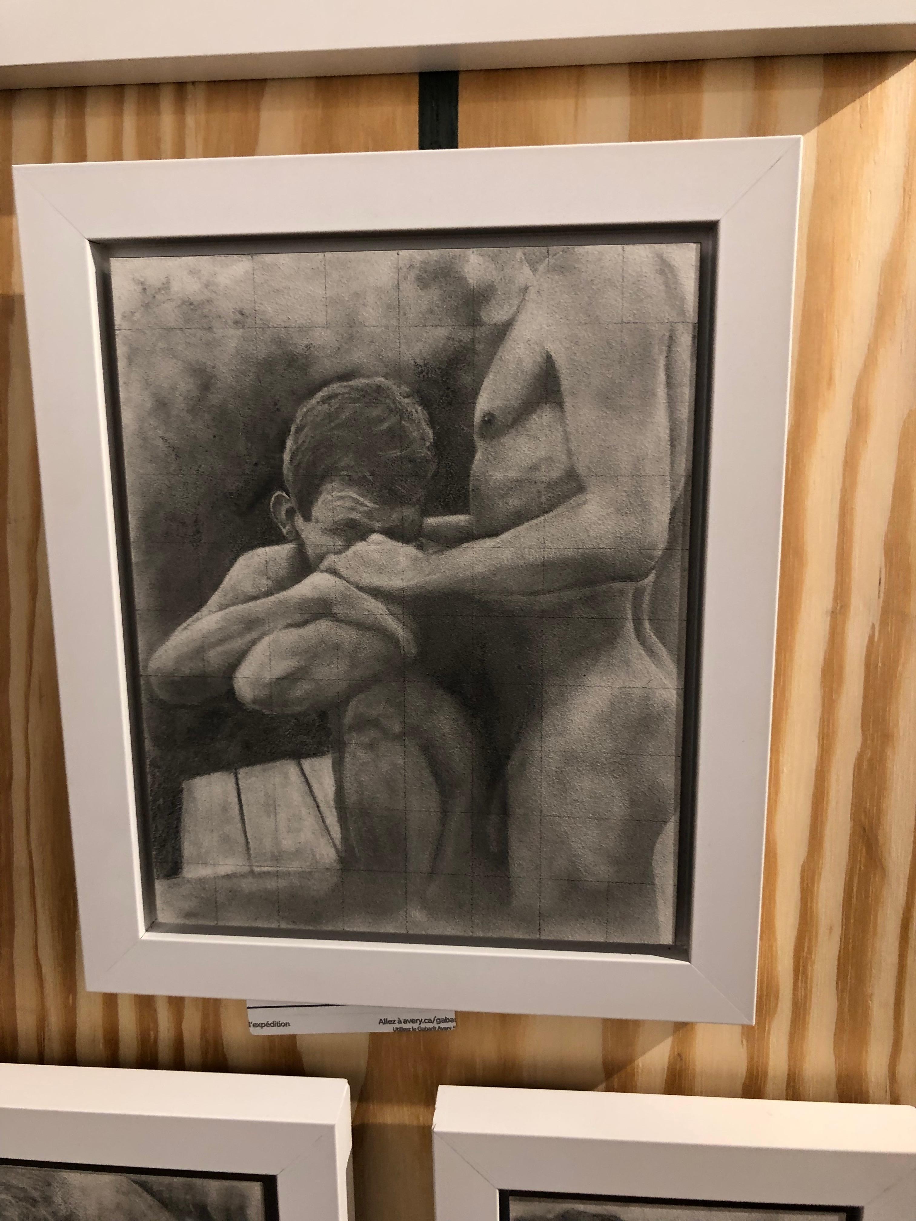 This untitled work by Rick Sindt was inspired by the works of Paul Cadmus.  It is a small graphite drawing of two male nude figures with both of their faces somewhat obscured during an intimate moment.  The graph lines often used by artist are still