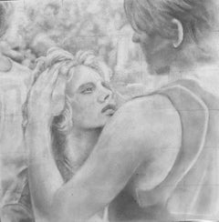 Sans titre n°6 - Dessin original en graphite sur panneau, deux personnages dans un moment intime