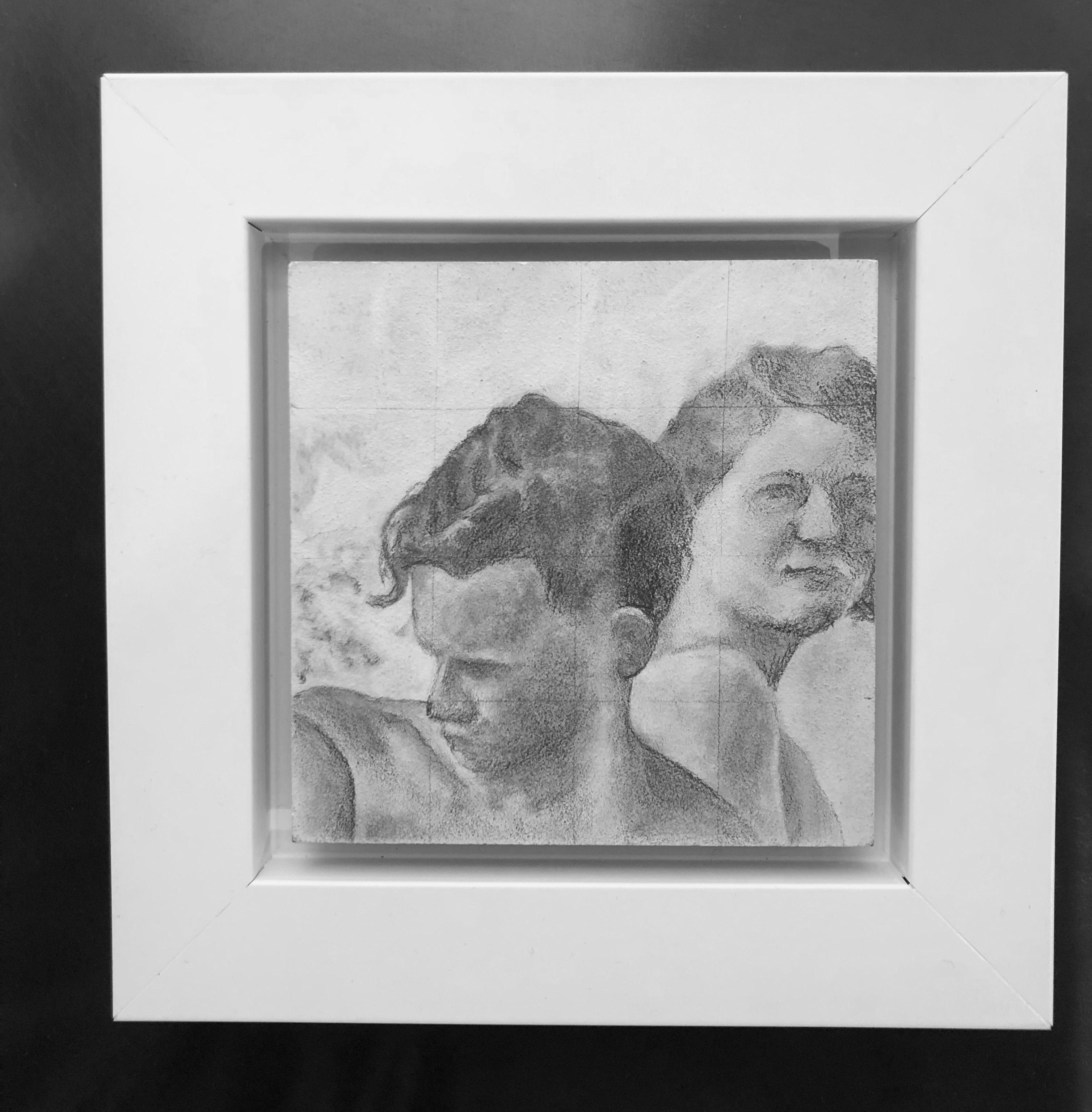 Reticent - Original Graphite Drawing on Panel, Two People at the Beach Circa '50 - Art by Rick Sindt