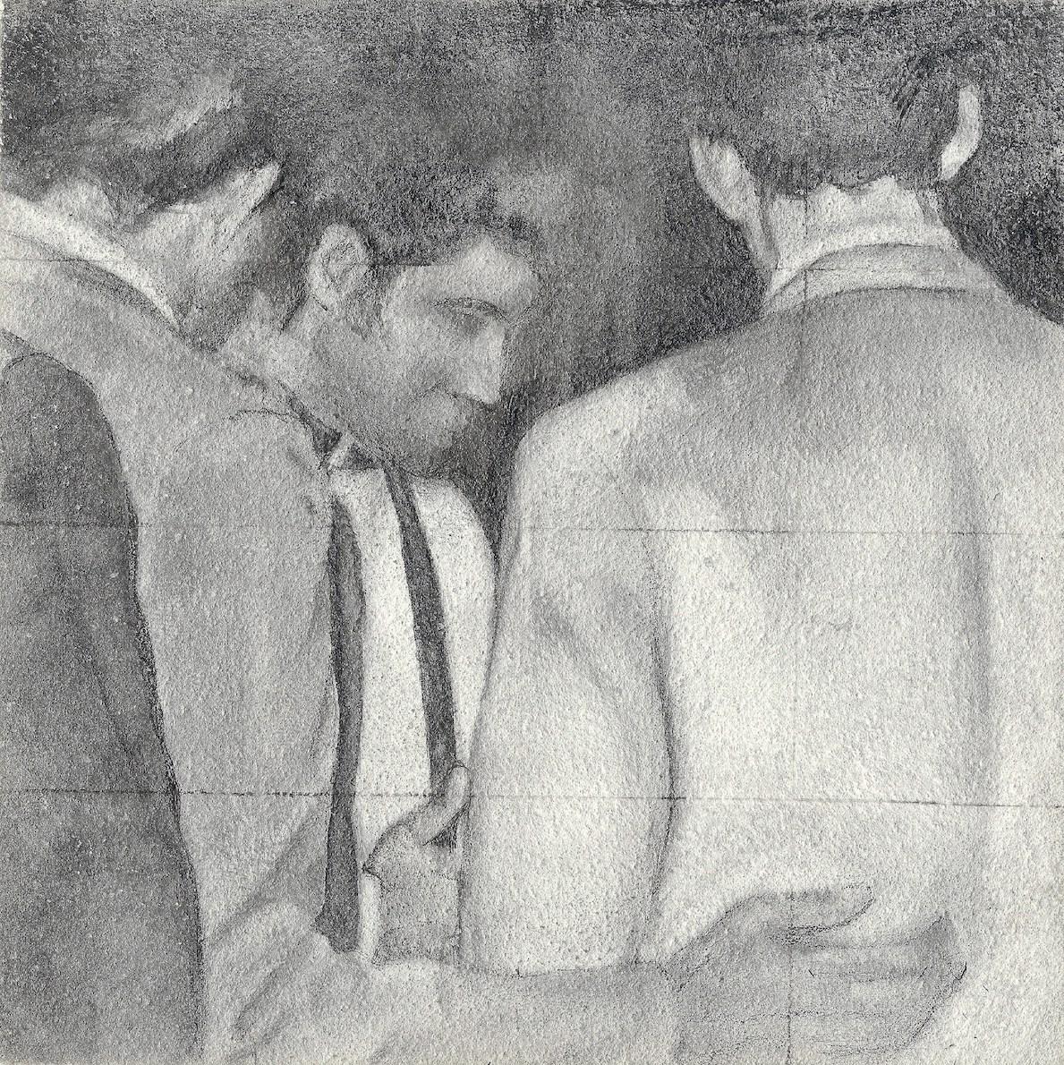Rick Sindt Figurative Painting - Testimony - Original Black and White Graphite Drawing, Group of Men in Suits