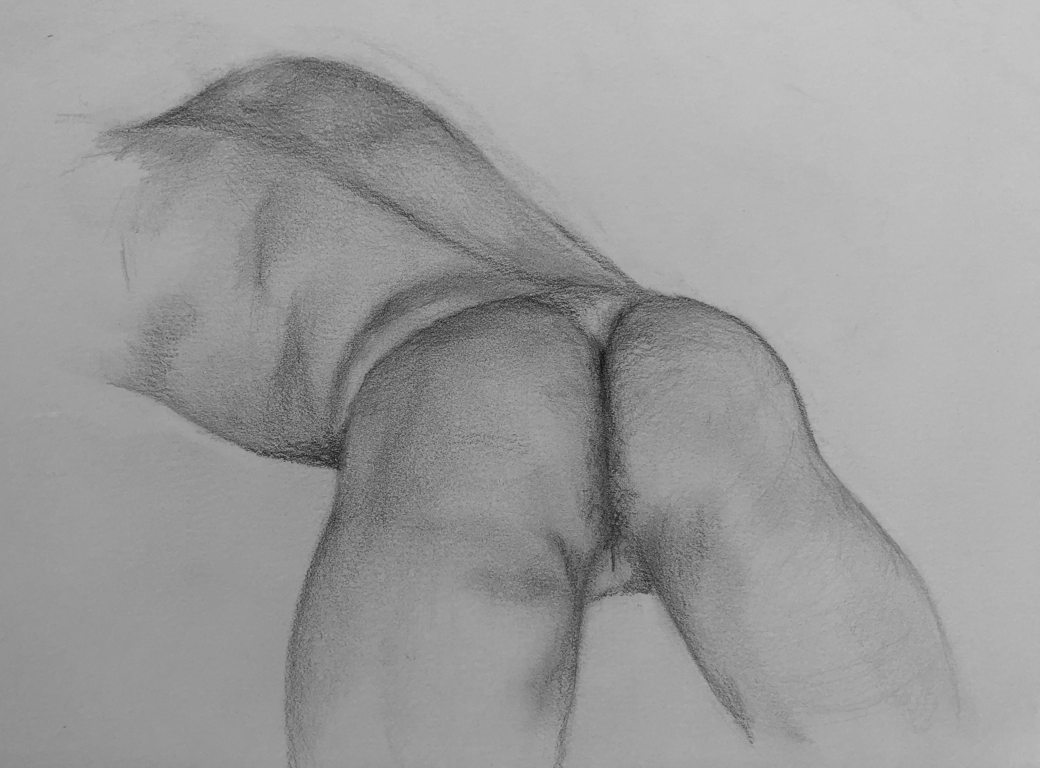 Butt - Original Graphite Drawing, Male Nude Lying Prone, Matted and Framed - Contemporary Art by Rick Sindt