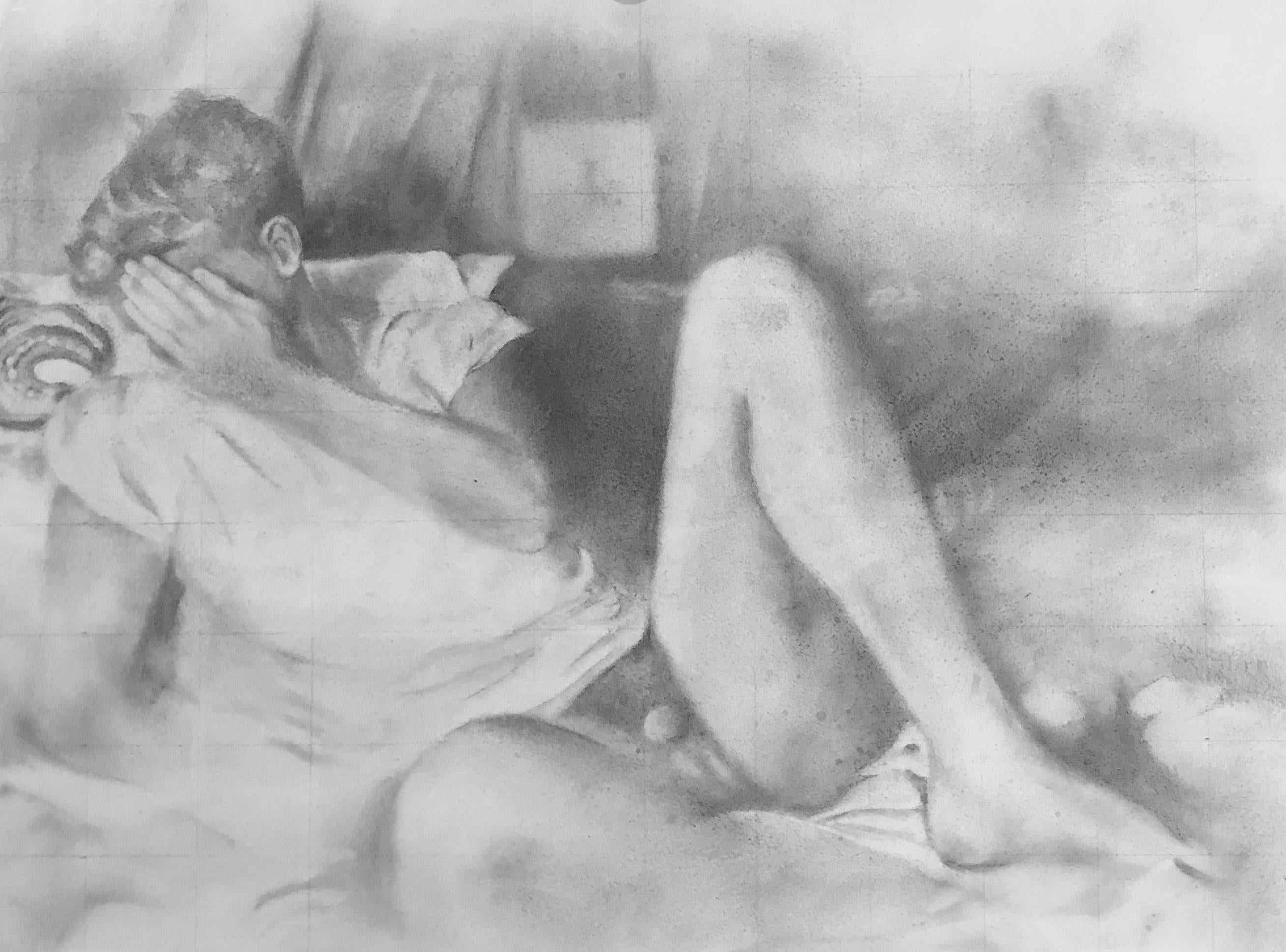 Hesitant - Lying Male Nude Figure, Original Graphite on Panel Drawing - Art by Rick Sindt