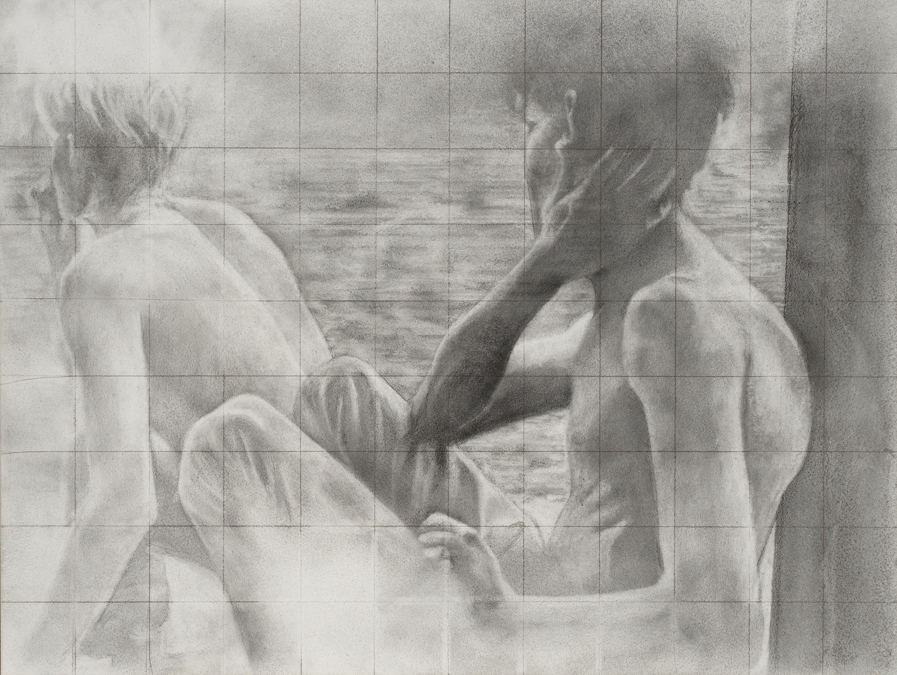 Sin título (Atrás) - Dibujo vintage inspirado en una Polaroid de dos chicos en la playa