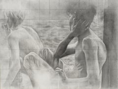 Sin título (Atrás) - Dibujo vintage inspirado en una Polaroid de dos chicos en la playa