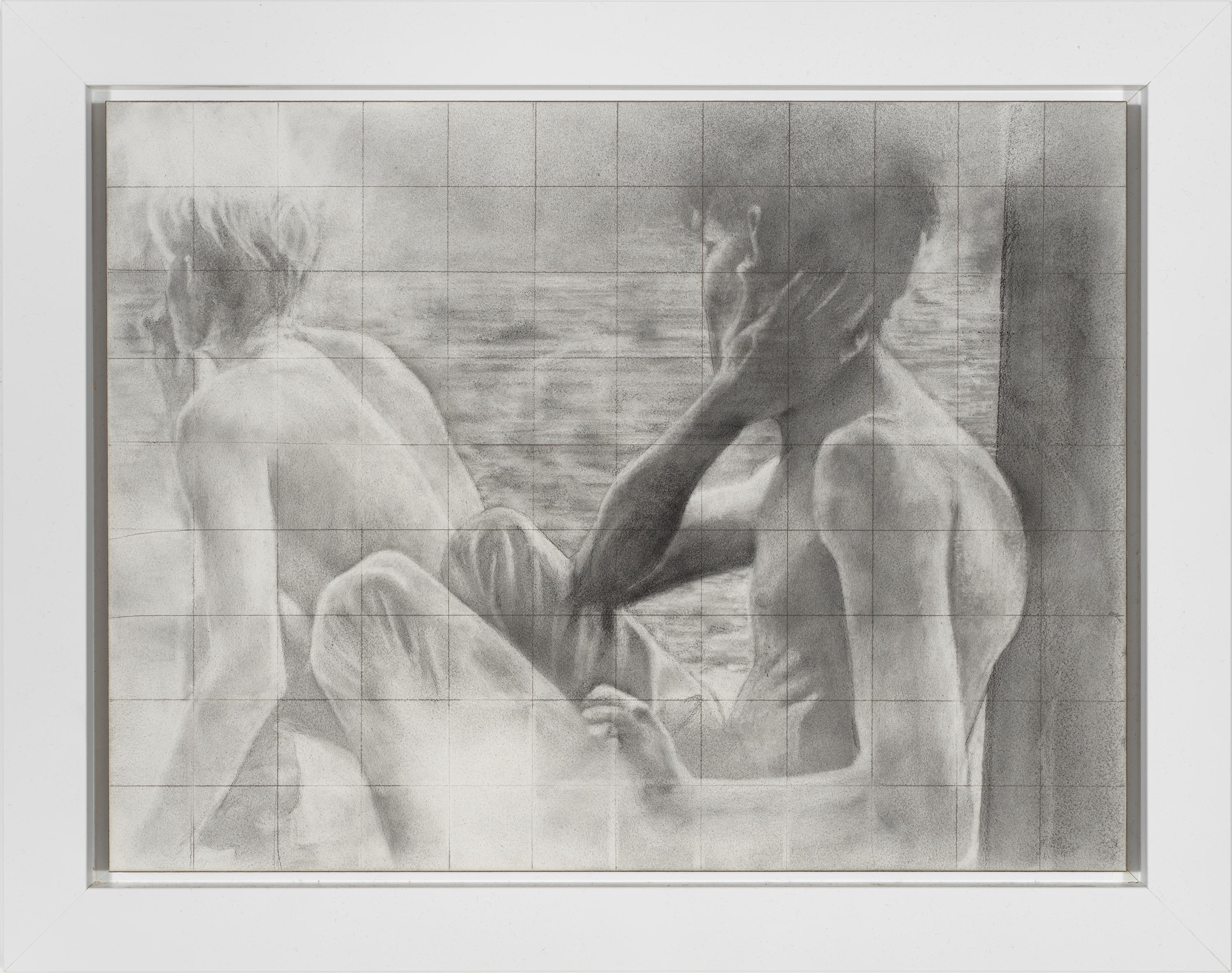 Untitled (Backs) - Vintage Polaroid Inspired Drawing of Two Boys at the Beach - Art by Rick Sindt