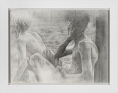 Untitled (Backs) - Vintage Polaroid Inspired Drawing of Two Boys at the Beach