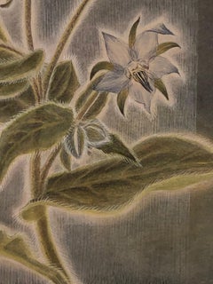 Borage with Rain - Botanical Watercolor in Shades of Blue, Grey and Green
