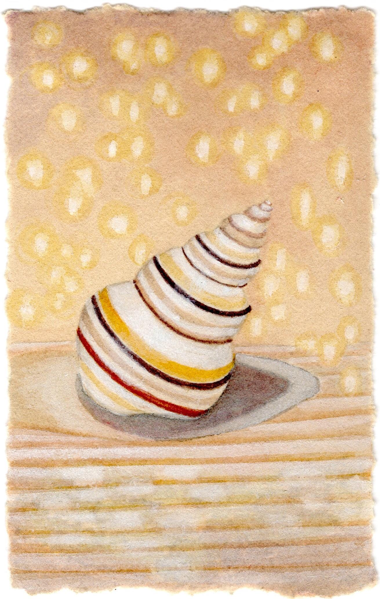 Christina Haglid Landscape Art - Candy Stripe - Original Painting of a Tiny Red and Yellow Striped Sea Shell