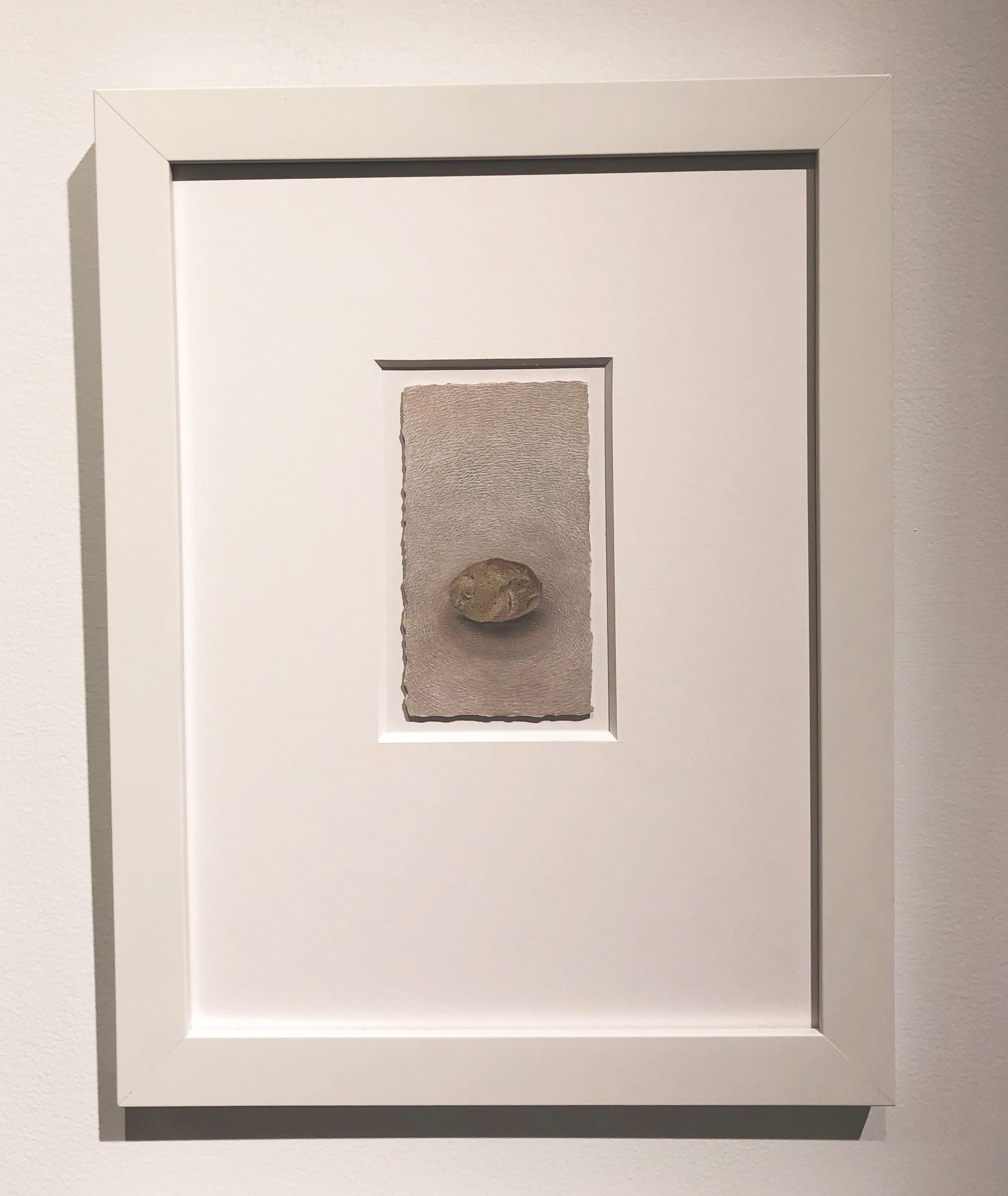One Potato - Zinnfarbenes Original-Stillleben eines Kartoffels auf Papier mit Deckrand (Beige), Landscape Art, von Christina Haglid