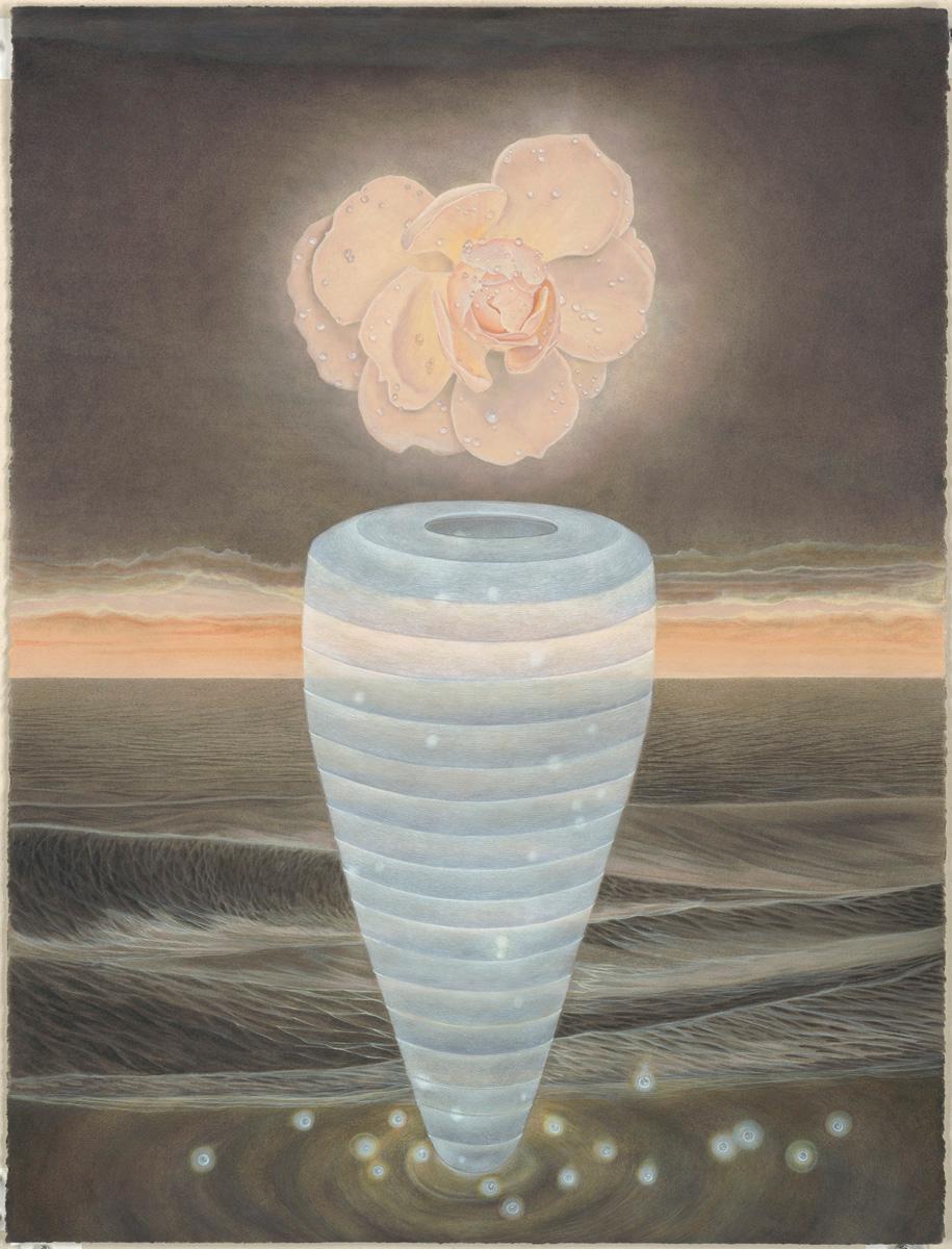 Nordsee-Aquarell mit einer pfirsichfarbenen Blüte, blauer Vase und Wayward Seas