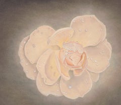North Sea - Watercolor with Single Peach Colored Bloom, Blue Vase & Wayward Seas