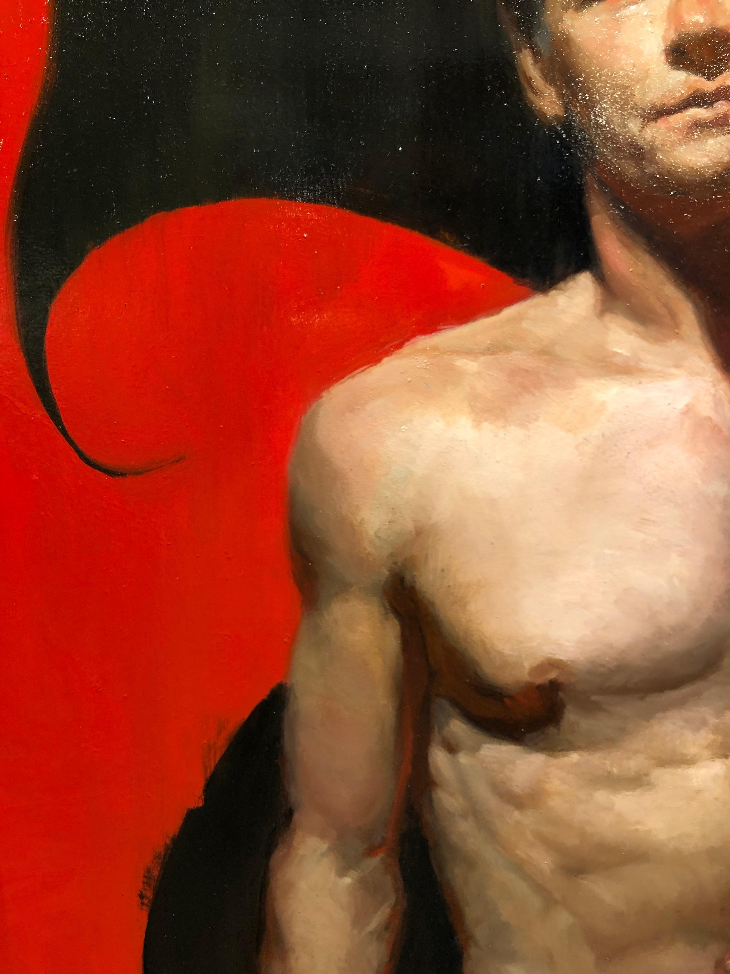 Contemporary shirtless male figure passes in front of bright and dramatic painted red background with a giant number 