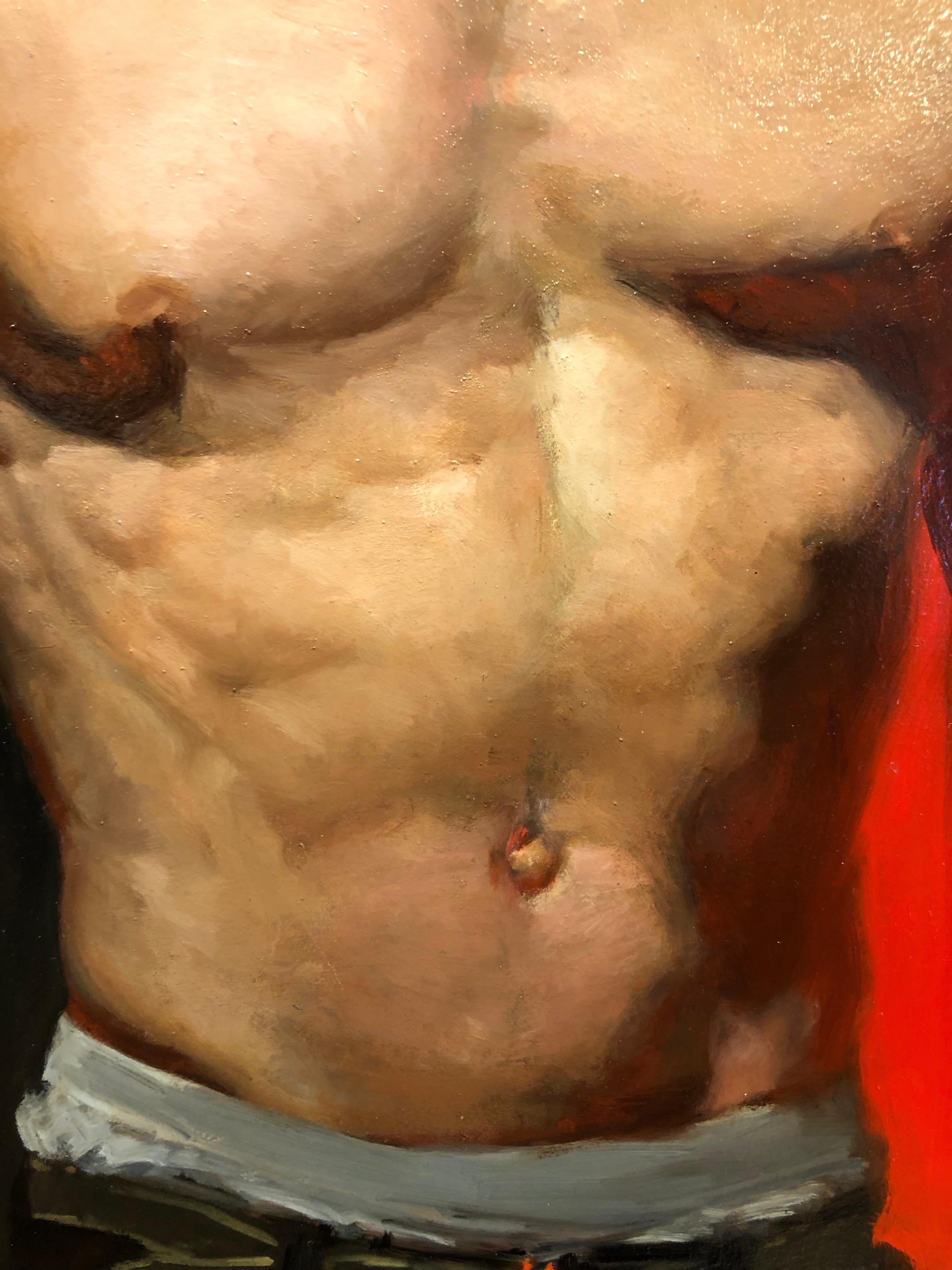 7B - Red Background with Shirtless Male and Black Seven, Oil on Panel Painting - Brown Figurative Painting by Zack Zdrale