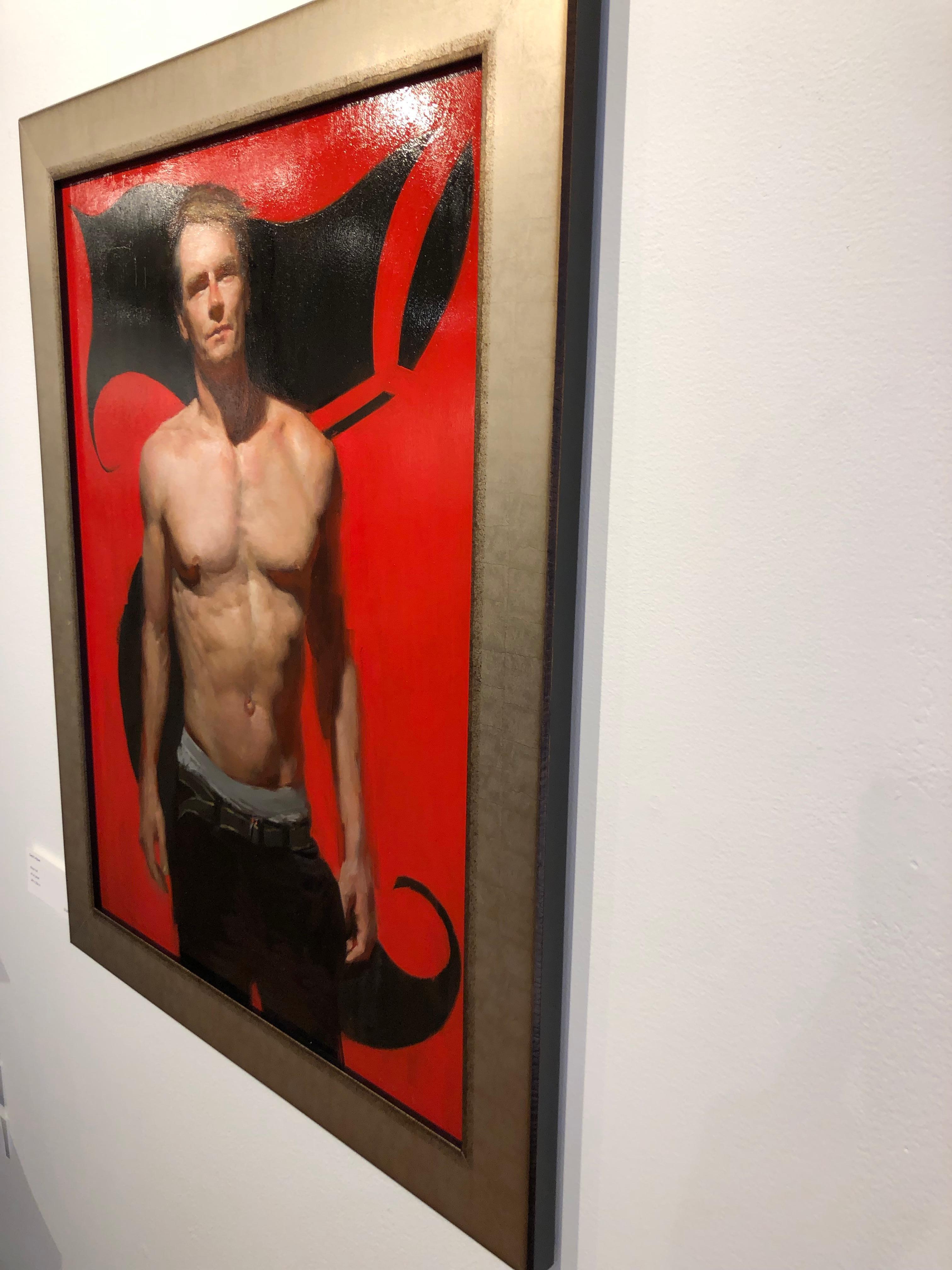 7B - Red Background with Shirtless Male and Black Seven, Oil on Panel Painting 4