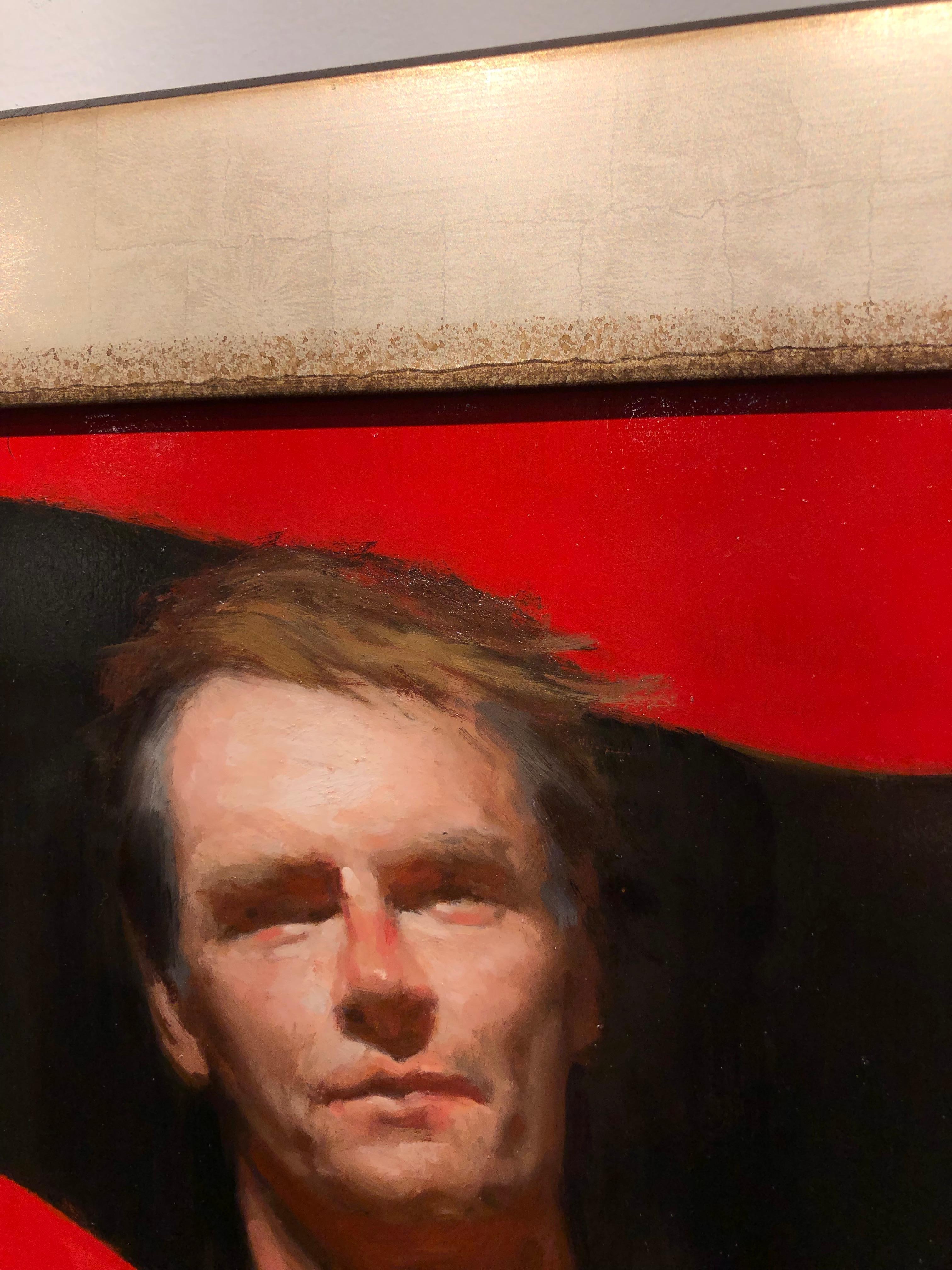 7B - Red Background with Shirtless Male and Black Seven, Oil on Panel Painting 6