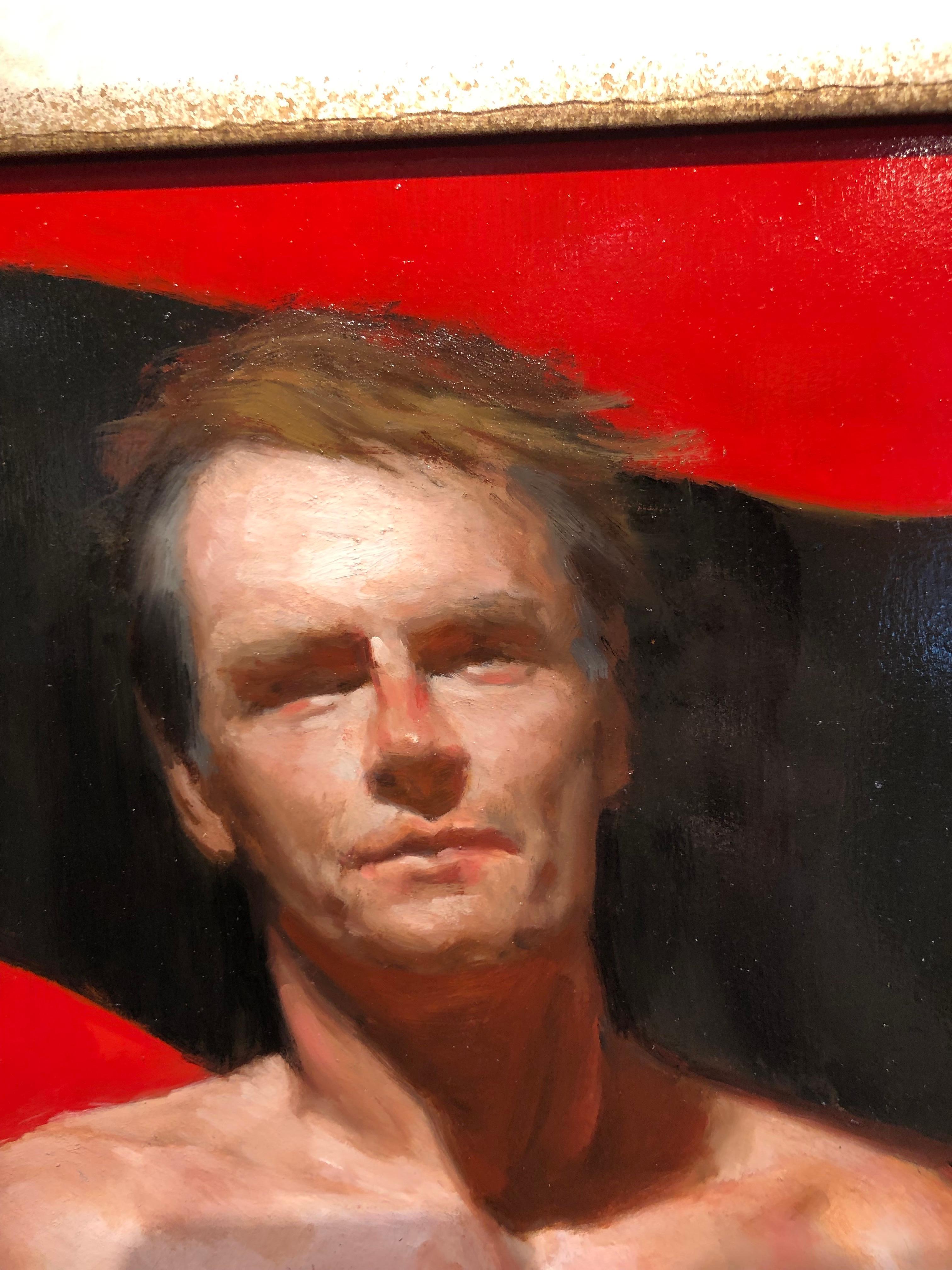 7B - Red Background with Shirtless Male and Black Seven, Oil on Panel Painting 2