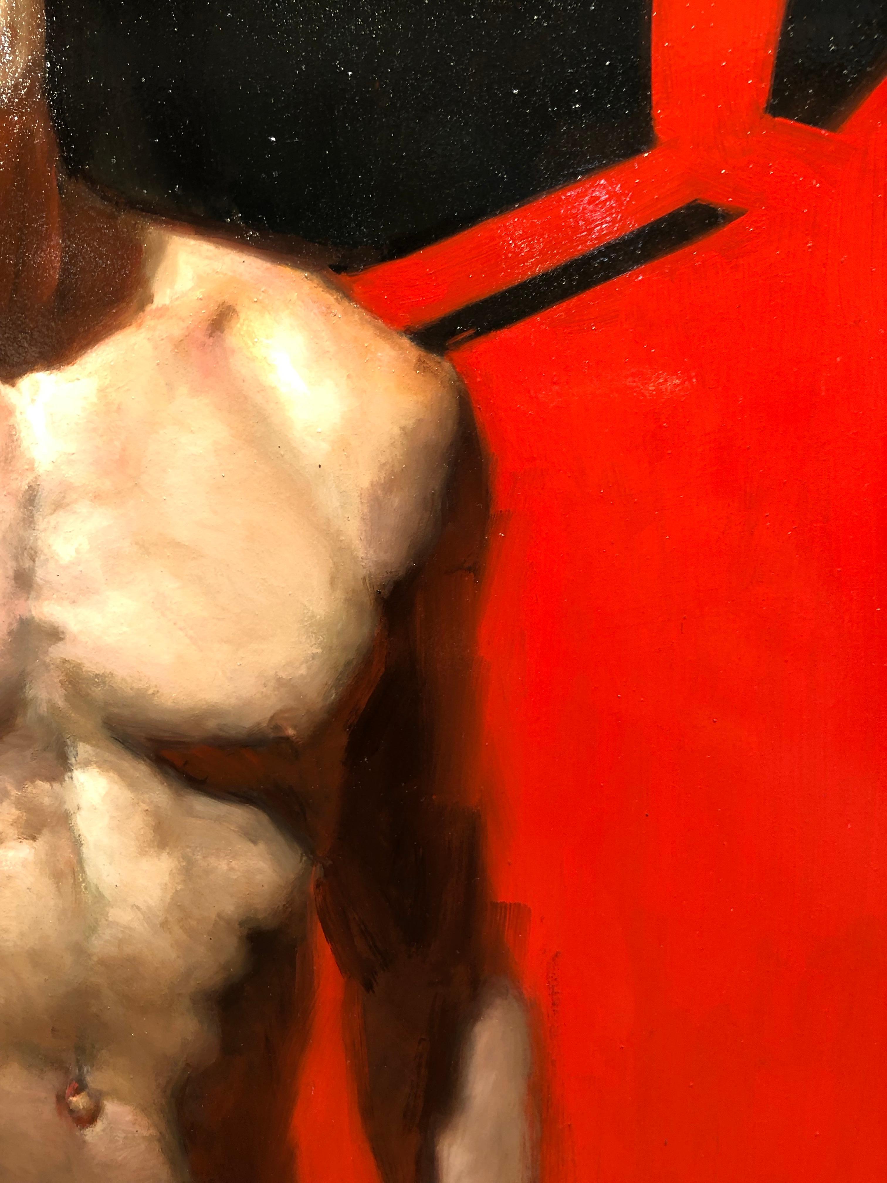 7B - Red Background with Shirtless Male and Black Seven, Oil on Panel Painting 1