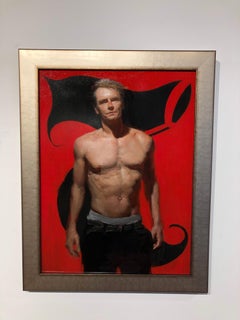 7B - Red Background with Shirtless Male and Black Seven, Oil on Panel Painting