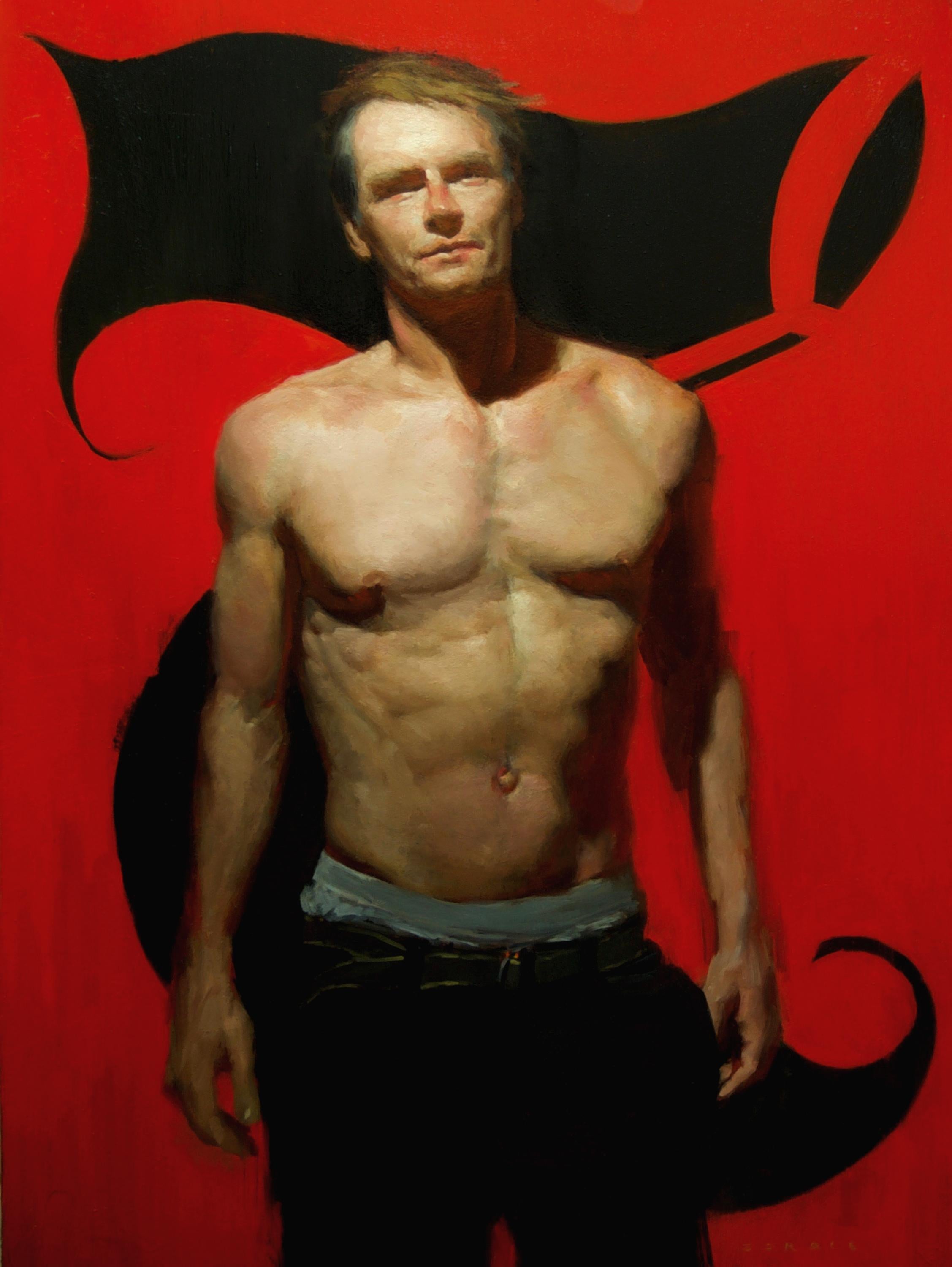 Zack Zdrale Figurative Painting - 7B - Red Background with Shirtless Male and Black Seven, Oil on Panel Painting