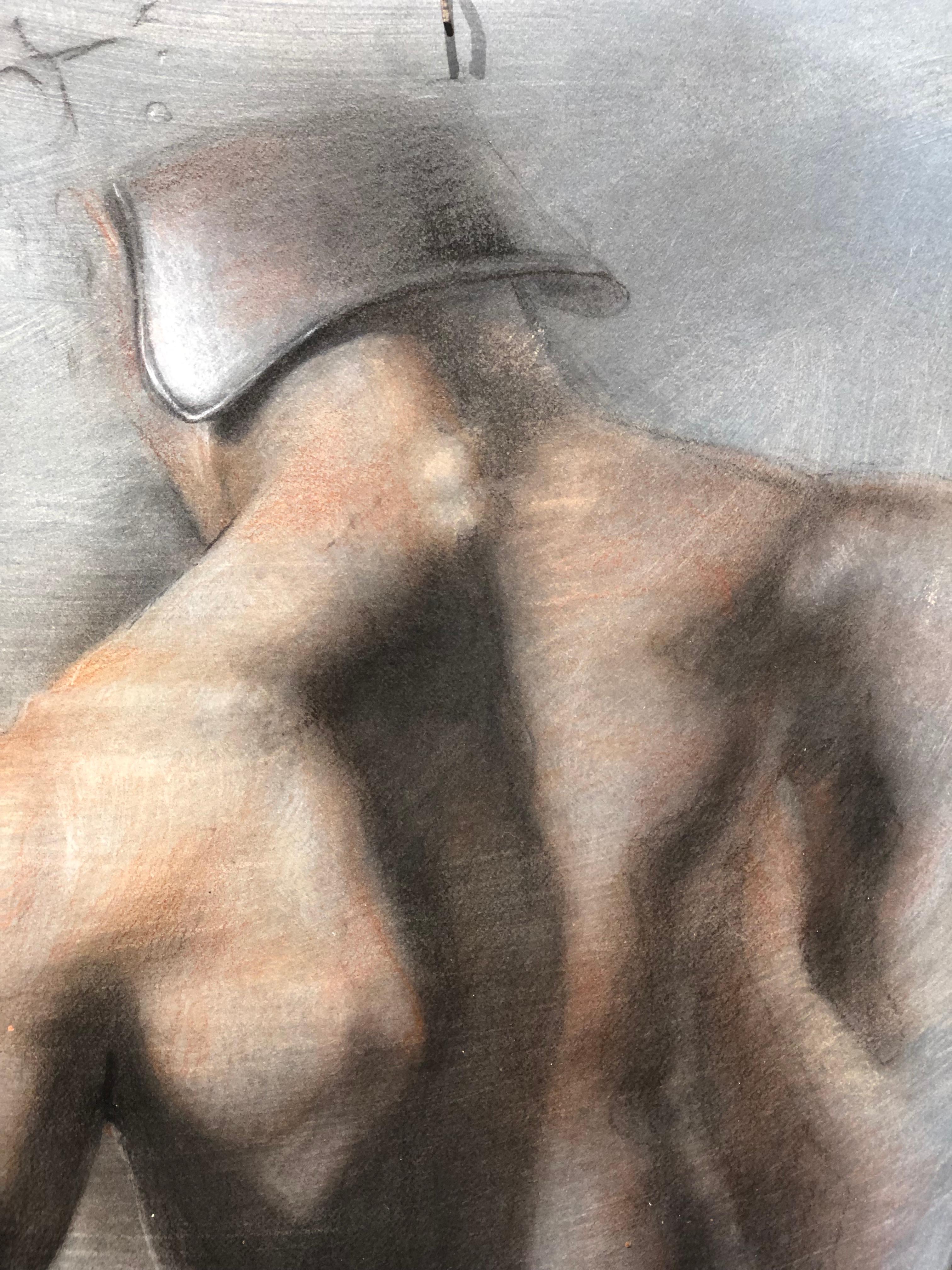 Torso - Male Nude Back Wearing Helmet, Charcoal Drawing on Paper by Bruno Surdo 1