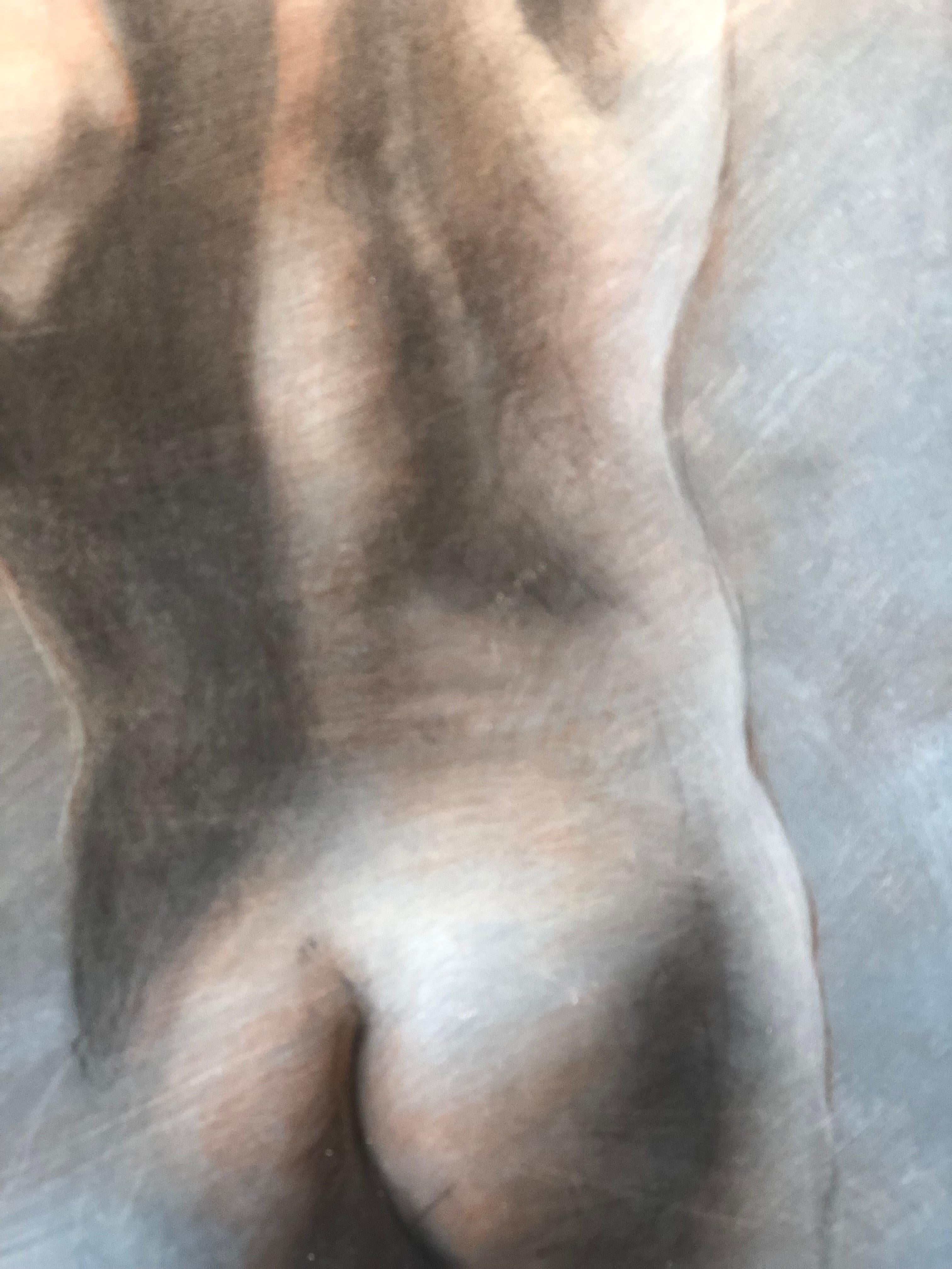 This drawing of a nude male back wearing a helmet  has blue tones with subtle red and white color.  The drawing mixes loose sketch technique with high detail.  This artwork is unframed.  Contact the gallery if you require framing.

Bruno