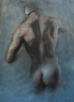 Torso - Male Nude Back Wearing Helmet, Charcoal Drawing on Paper by Bruno Surdo