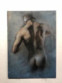 Torso - Male Nude Back Wearing Helmet, Charcoal Drawing on Paper by Bruno Surdo