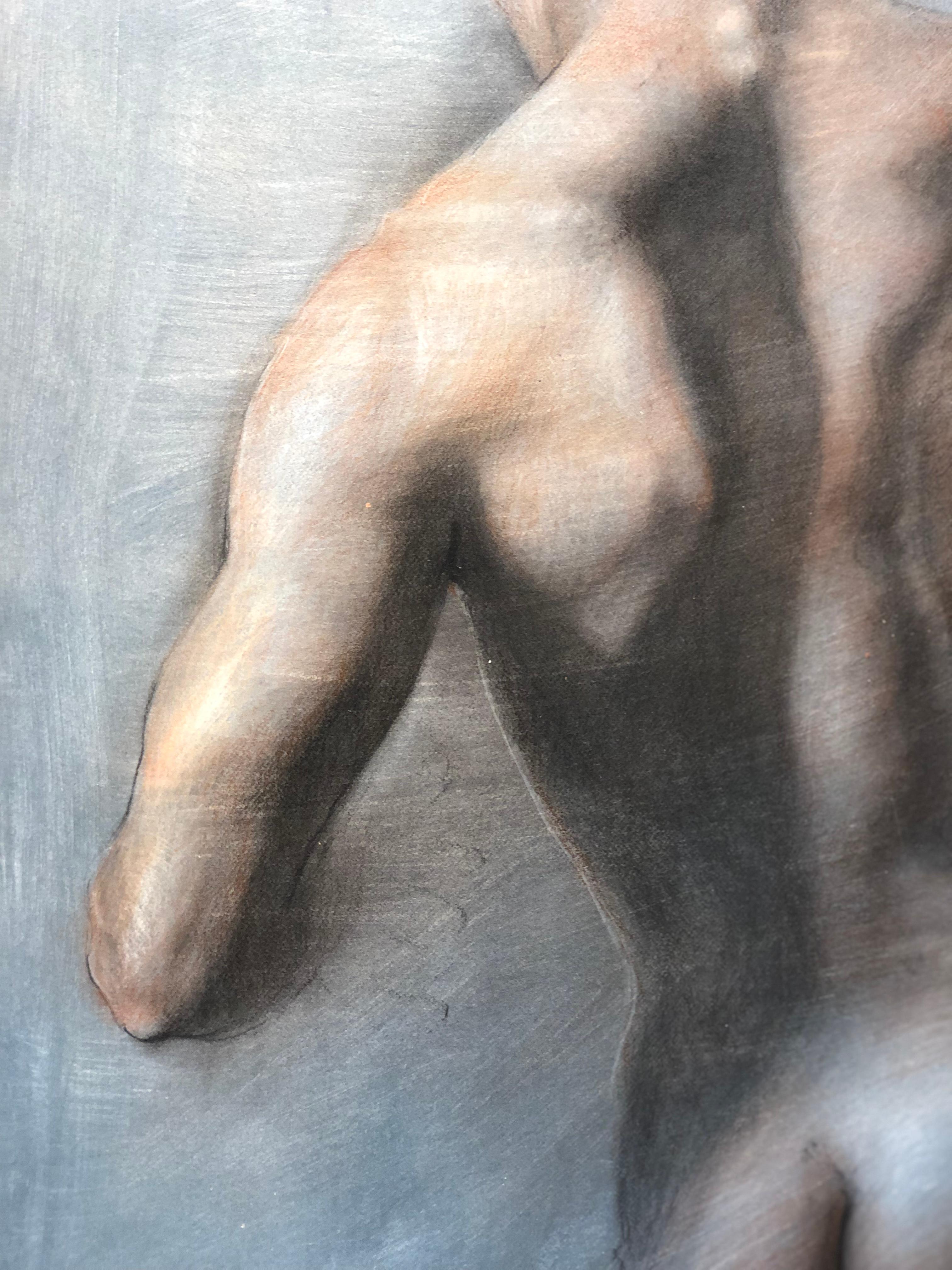 Torso - Male Nude Back Wearing Helmet, Charcoal Drawing on Paper by Bruno Surdo 2