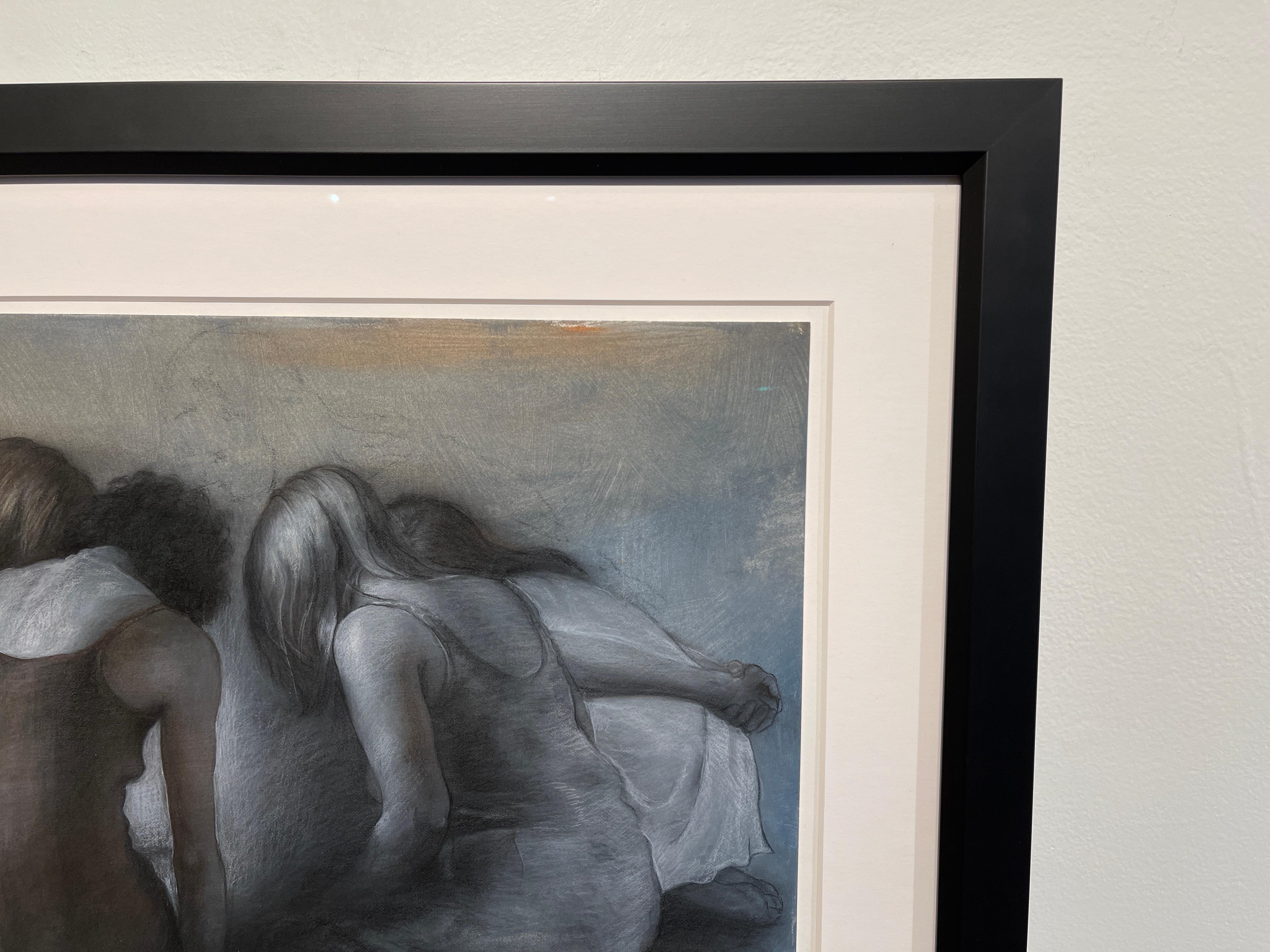 Gatherers - Original Charcoal Drawing of Huddled Women on Paper by Bruno Surdo For Sale 3