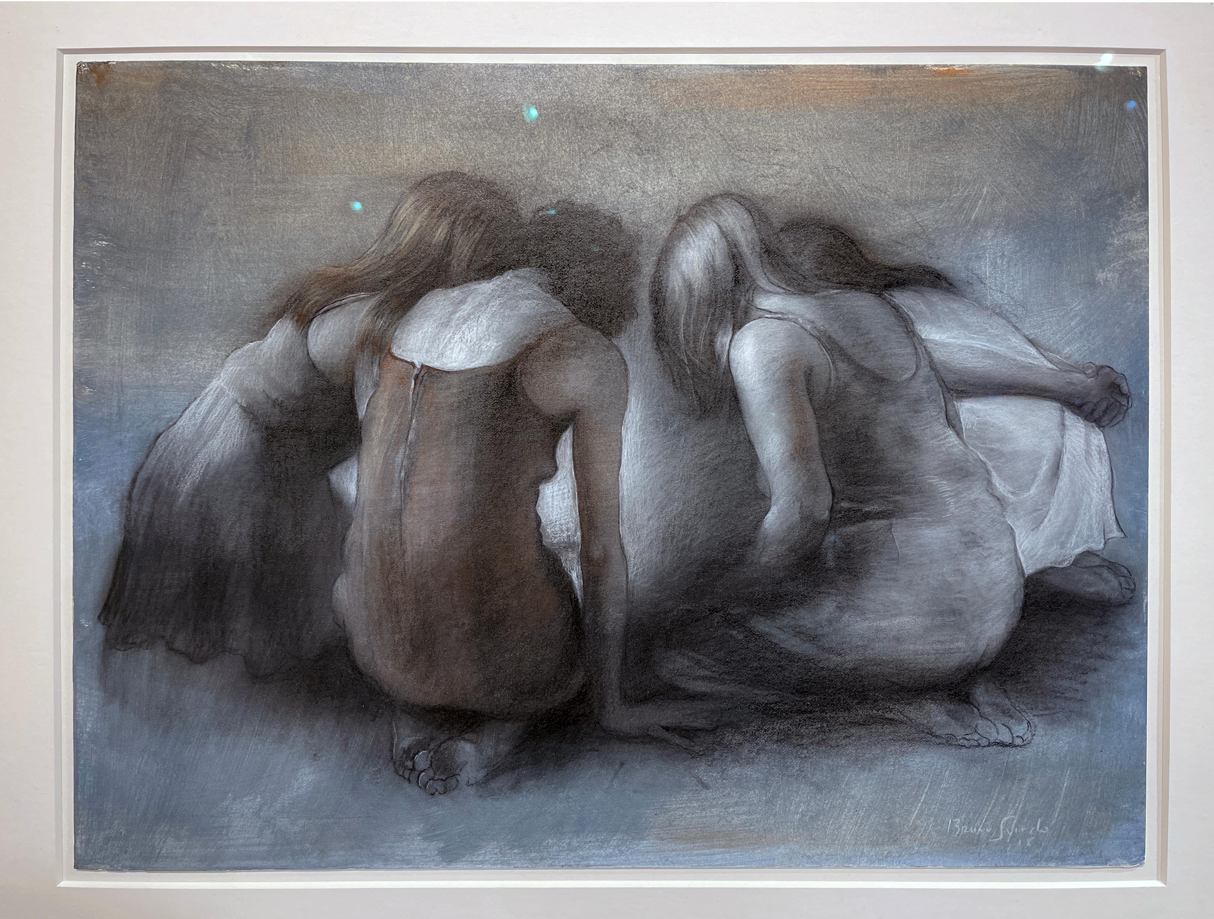 Gatherers - Original Charcoal Drawing of Huddled Women on Paper by Bruno Surdo For Sale 4
