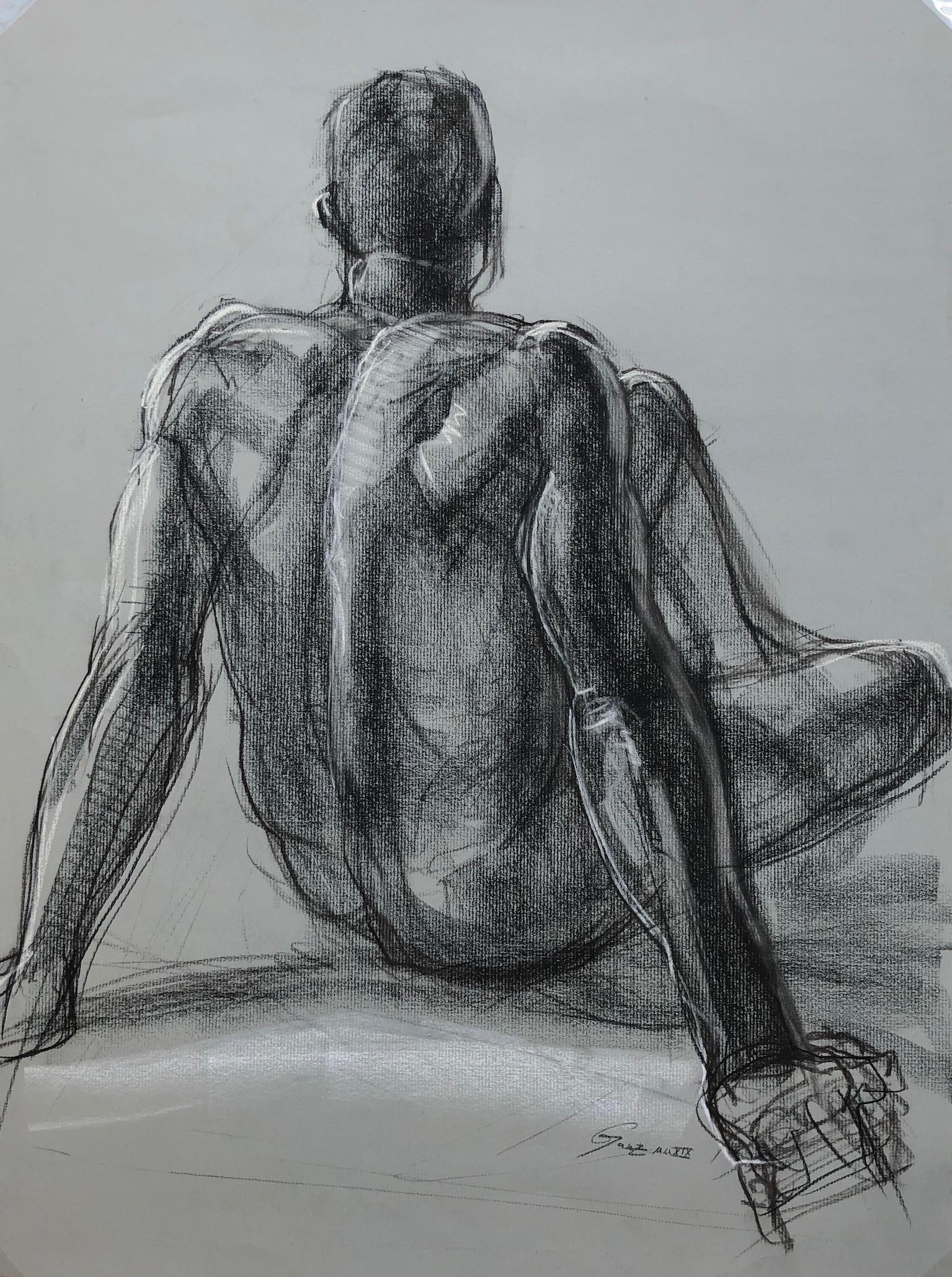 Christopher Ganz Figurative Art - Seated Man's Back, Pastel and Charcoal Drawing  of a Nude Male on Grey Paper