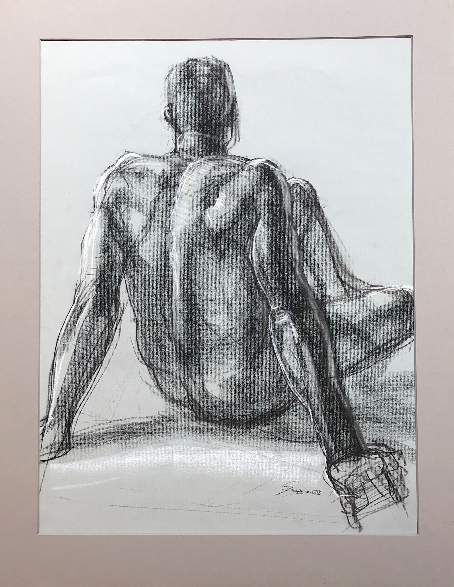 Seated Man's Back, Pastel and Charcoal Drawing  of a Nude Male on Grey Paper - Art by Christopher Ganz