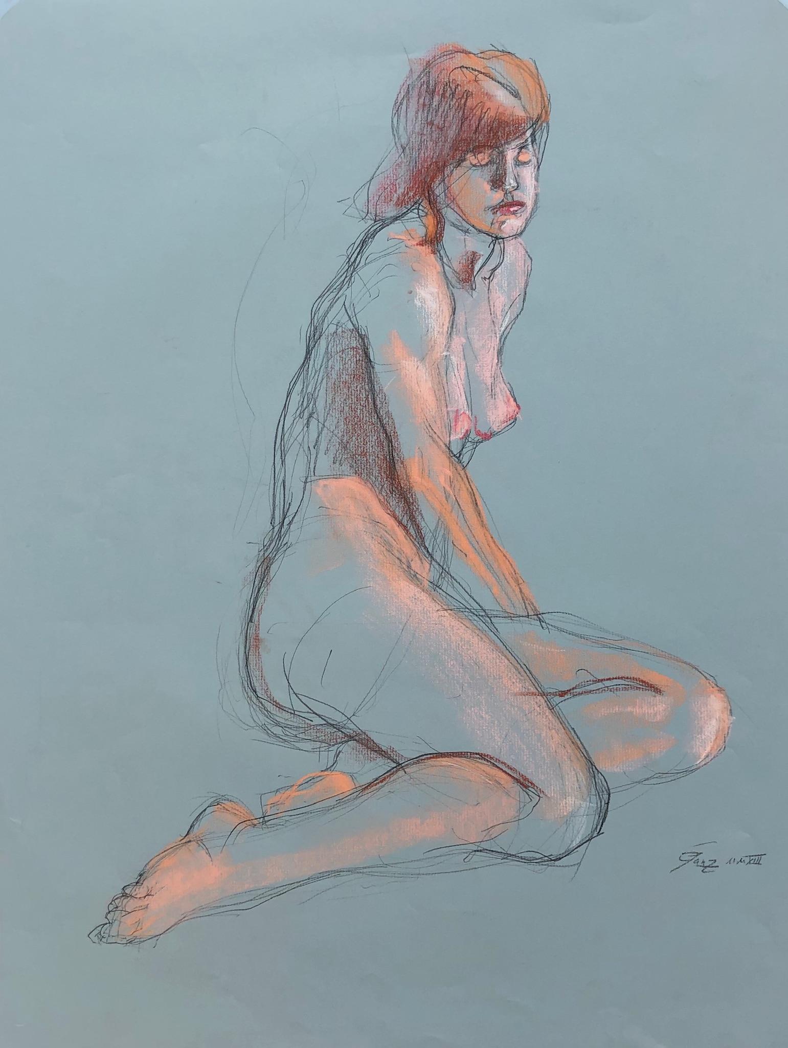Woman at Rest, Nude Female, Pastel and Charcoal Drawing on Green Paper
