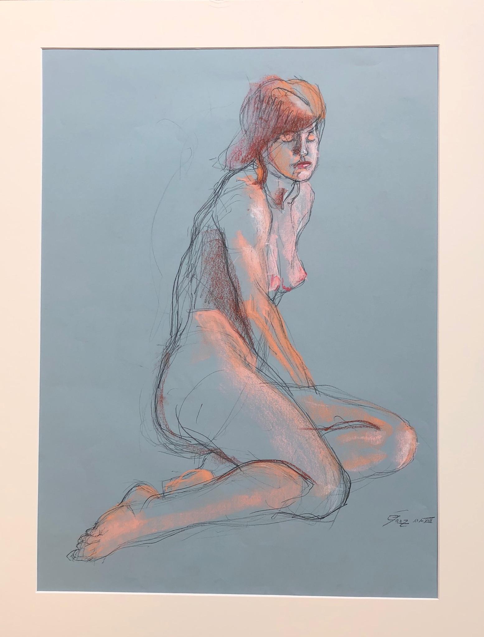 Woman at Rest, Nude Female, Pastel and Charcoal Drawing on Green Paper - Art by Christopher Ganz