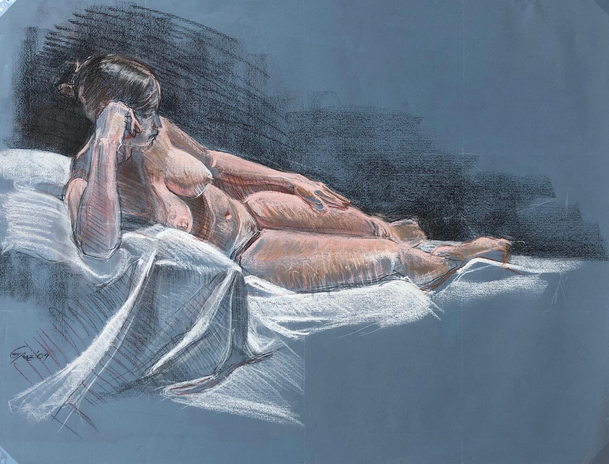 Christopher Ganz Figurative Art - Reclining Woman, Nude Female, Pastel and Charcoal on Blue Paper