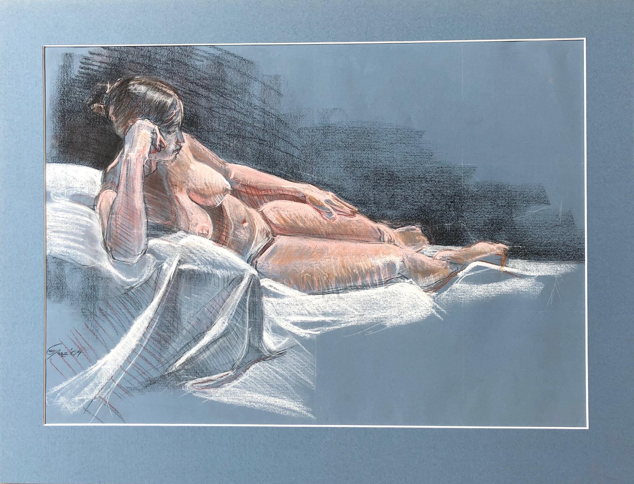 Reclining Woman, Nude Female, Pastel and Charcoal on Blue Paper - Art by Christopher Ganz