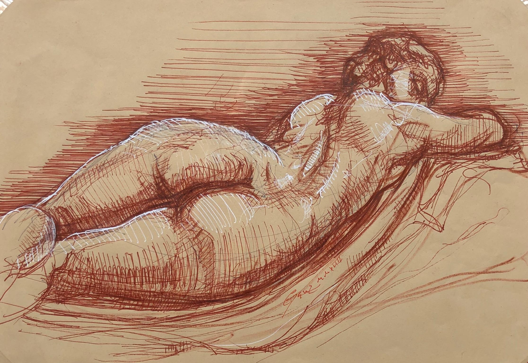 Sleeping Hermaphrodite, Female Nude, Pen Drawing after a Roman Sculpture - Art by Christopher Ganz