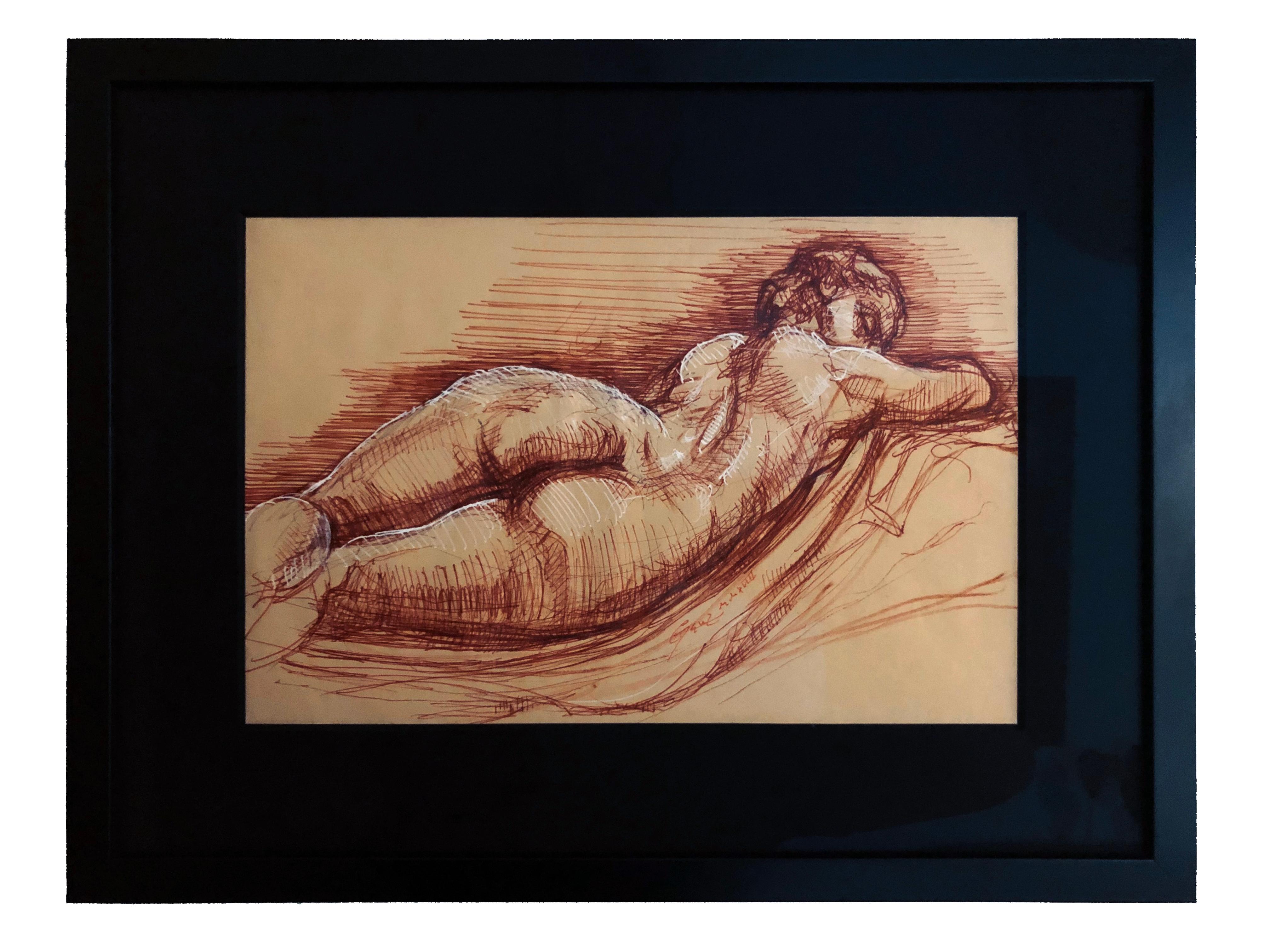 Christopher Ganz Figurative Art - Sleeping Hermaphrodite, Female Nude, Pen Drawing after a Roman Sculpture